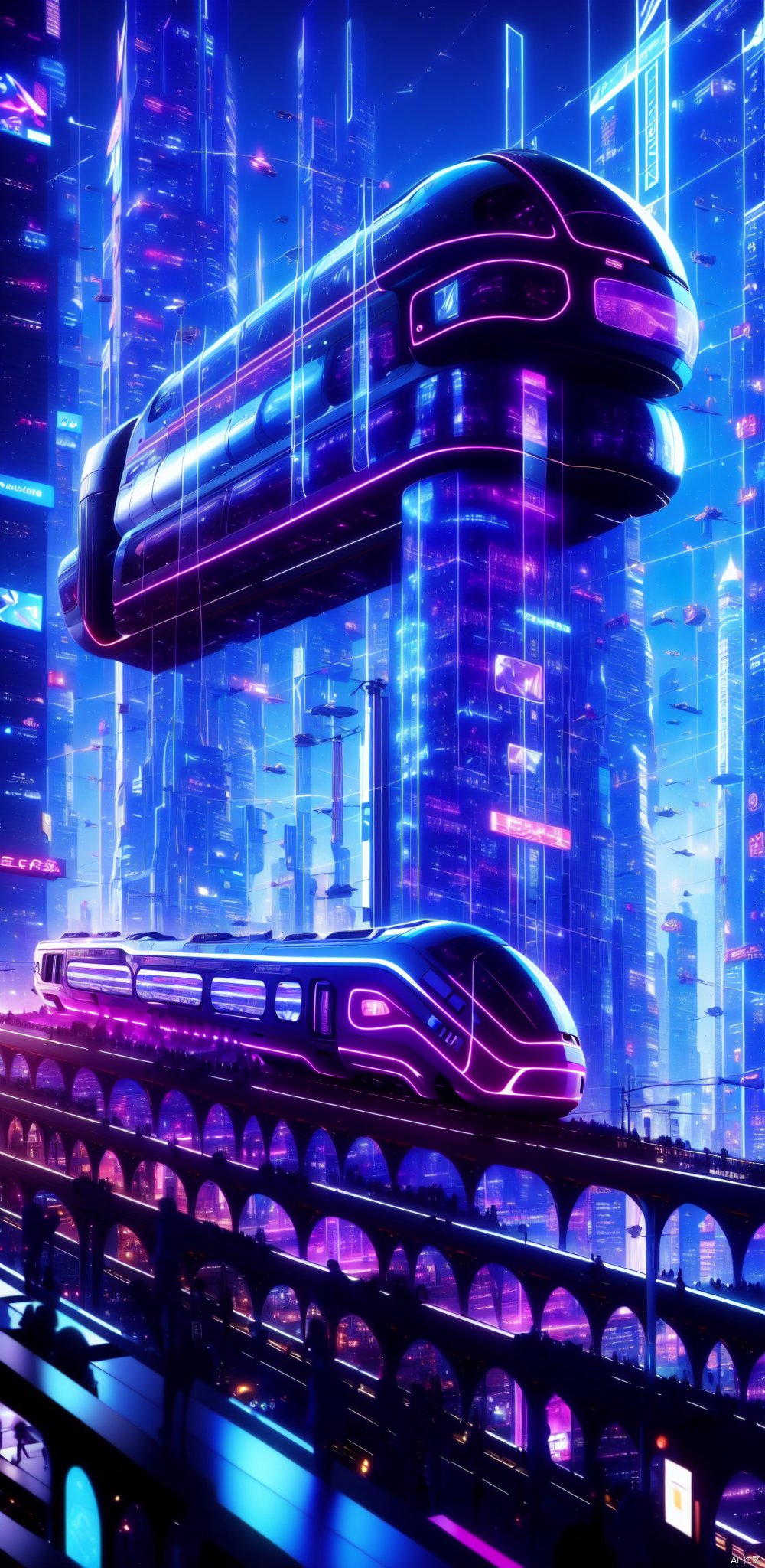 Cyberpunk,outdoors, sky, no humans, night, ground vehicle, building, scenery, science fiction, city, railing, cityscape, skyscraper, train, city lights, lights, neon lights