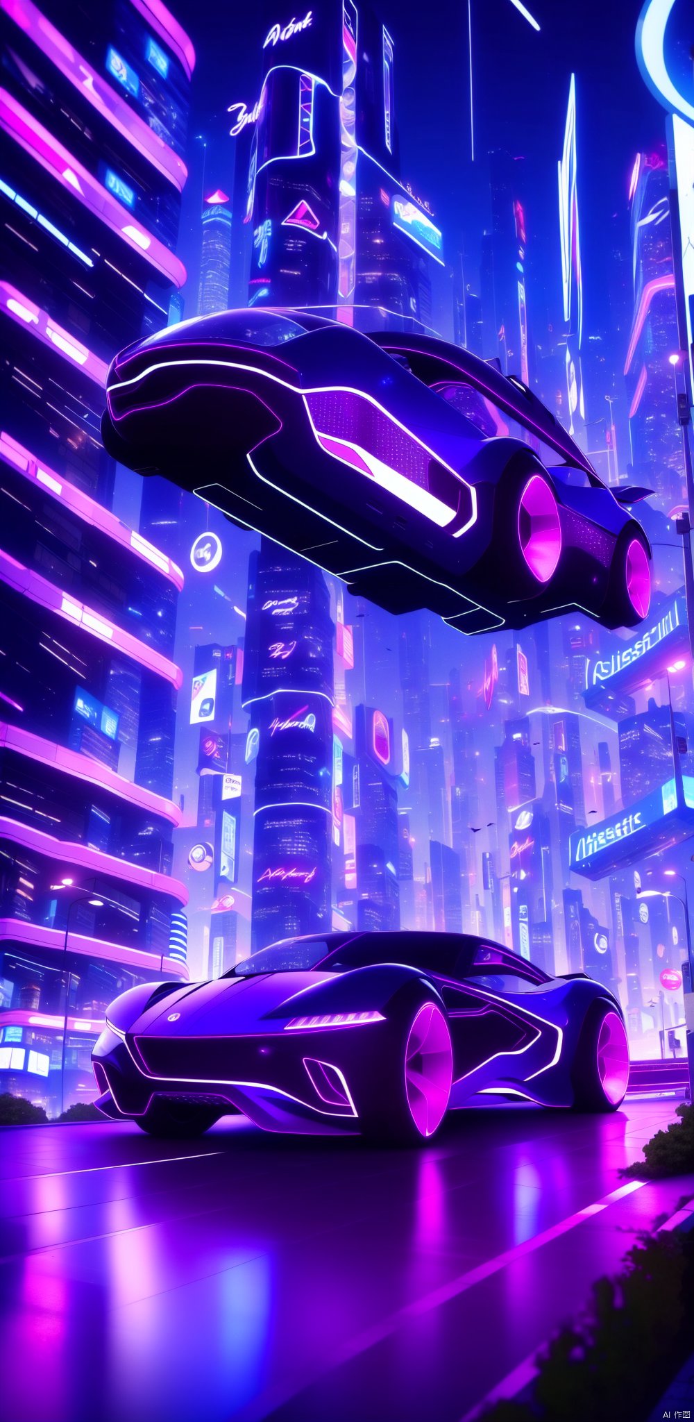 outdoors, no humans, night, ground vehicle, building, scenery, motor vehicle, city, car, road, cityscape, purple theme, street, neon lights,Cyberpunk.