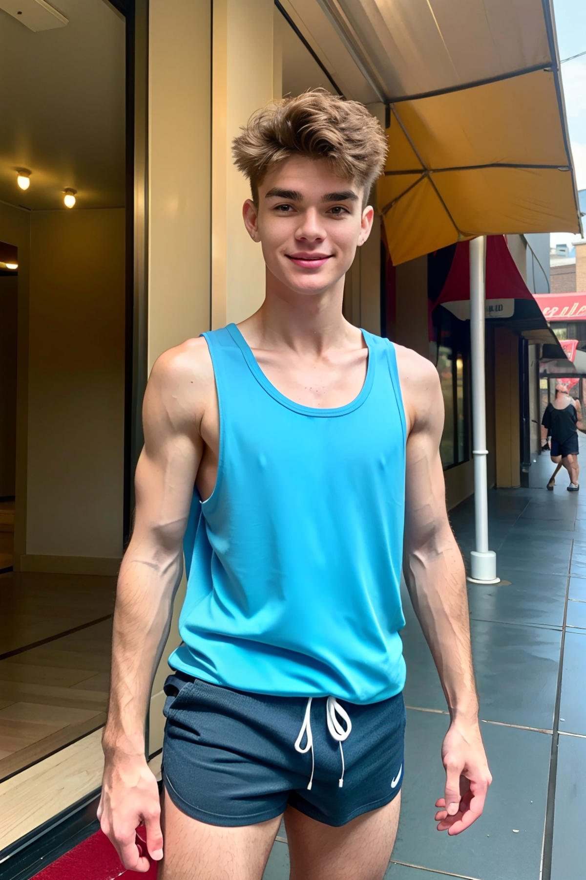 <lora:9B9F68A4BE:0.8> (Cartier Boy, Twink), 1boy, score_9, score_8_up, score_7_up, expressive smirk, dynamic, speedlines, Cartier has windswept shaggy hair. (he is wearing shorts, a backpack, a pair of sneakers and a loose blue tank top), on the boardwalk, ready for any adventure that comes his way, smile, full lips, RAW photo, dreamy soft focus, detailed photo, gorgeous, shallow depth of field, bokeh, hyper detailed photorealistic life-like accurate proportional 8k sharp focus, (selective focus:0.6)