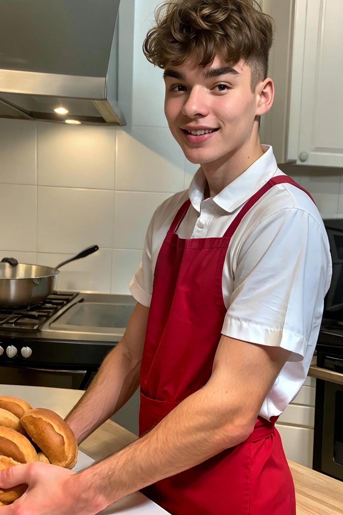 dreamy, soft focus <lora:9B9F68A4BE:0.8> (Cartier Boy, Twink), at the age of 21, Cartier trades in his only fans for a red apron, working as an apprentice at his uncle’s local bakery. Wearing a hairnet and a friendly smile, he expertly crafts rows of fresh loaves of bread, learning the trade from the ground up. His charm and natural charisma never falter, even as he balances trays of rolls and buns. His friends and family love to drop by for a sweet treat, just to catch a glimpse of their local celebrity baker. RAW photo, detailed photo, gorgeous, shallow depth of field, bokeh, surreal:0.4), hyper detailed photorealistic life-like accurate proportional 8k sharp focus, (accurate cinematic lighting), photorealistic detail, (selective focus:0.6)