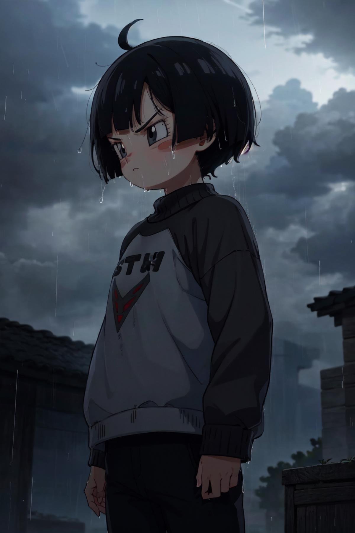 pan (dragon ball), 1girl, black hair, short hair, black eyes, black sweater, black pants, standing, angry, night, clouds, rain, raining, wet, looking away, <lora:Pan_DBS-10:1>