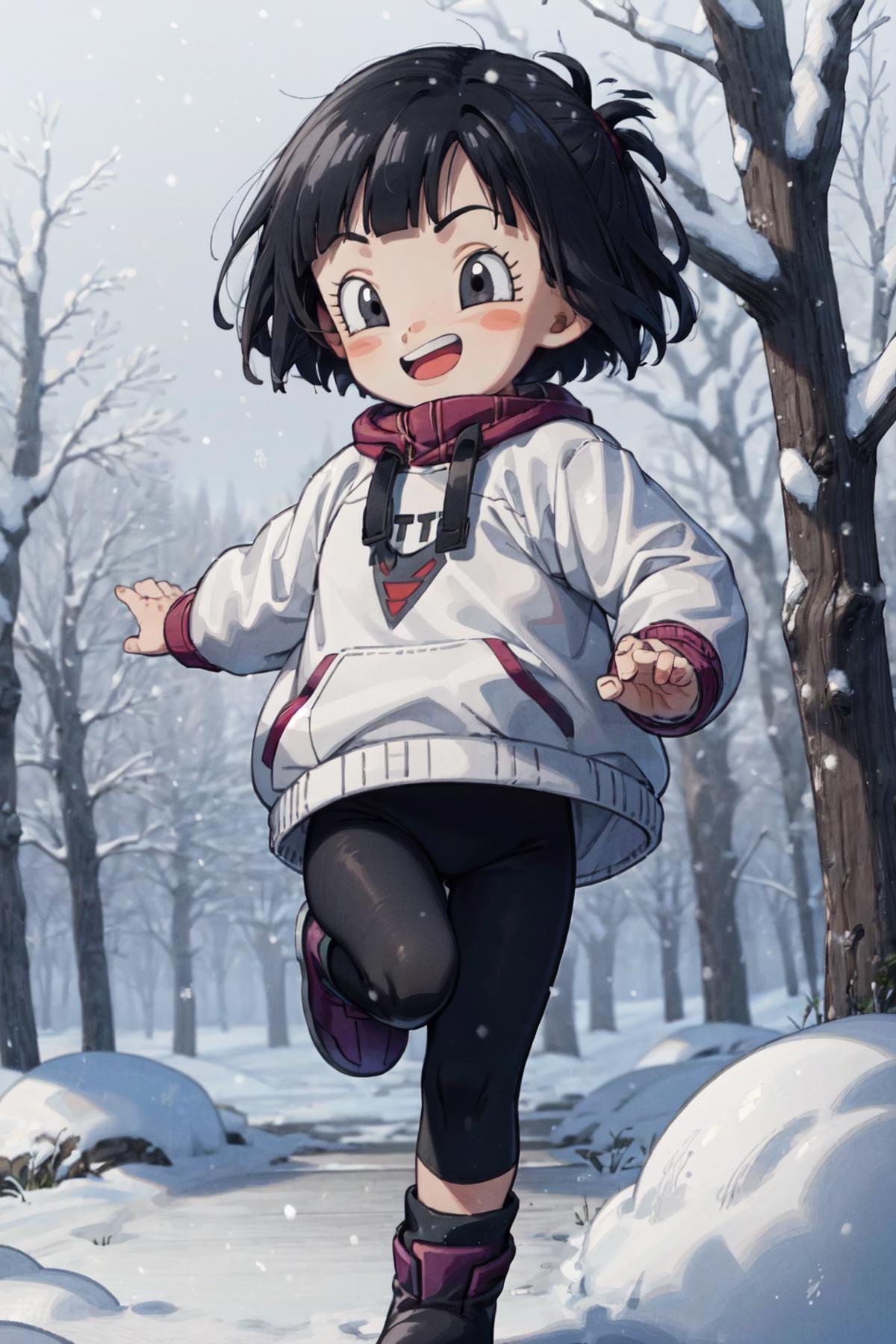 pan (dragon ball), 1girl, black hair, short hair, black eyes, teeth, white coat, snow, black leggings, white boots, :D, running, outdoors, snowy, snowing, trees, <lora:Pan_DBS-10:1> 