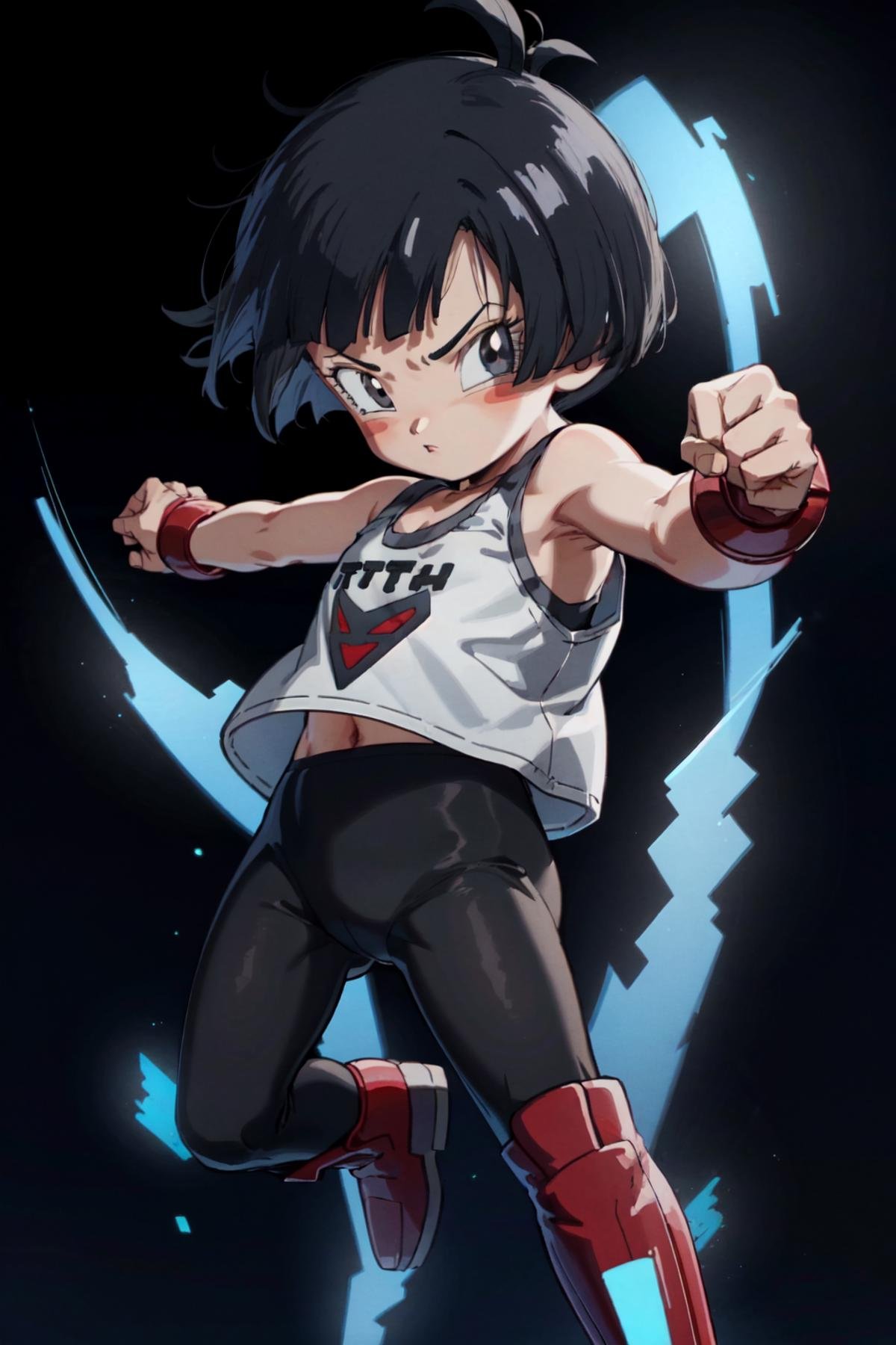 pan (dragon ball), 1girl, black hair, short hair, black eyes, white tank top, sleeveless, black leggings, red boots, power-up, clenched fists, blue aura, energy, dark background, gogeta pose <lora:Pan_DBS-10:1> 