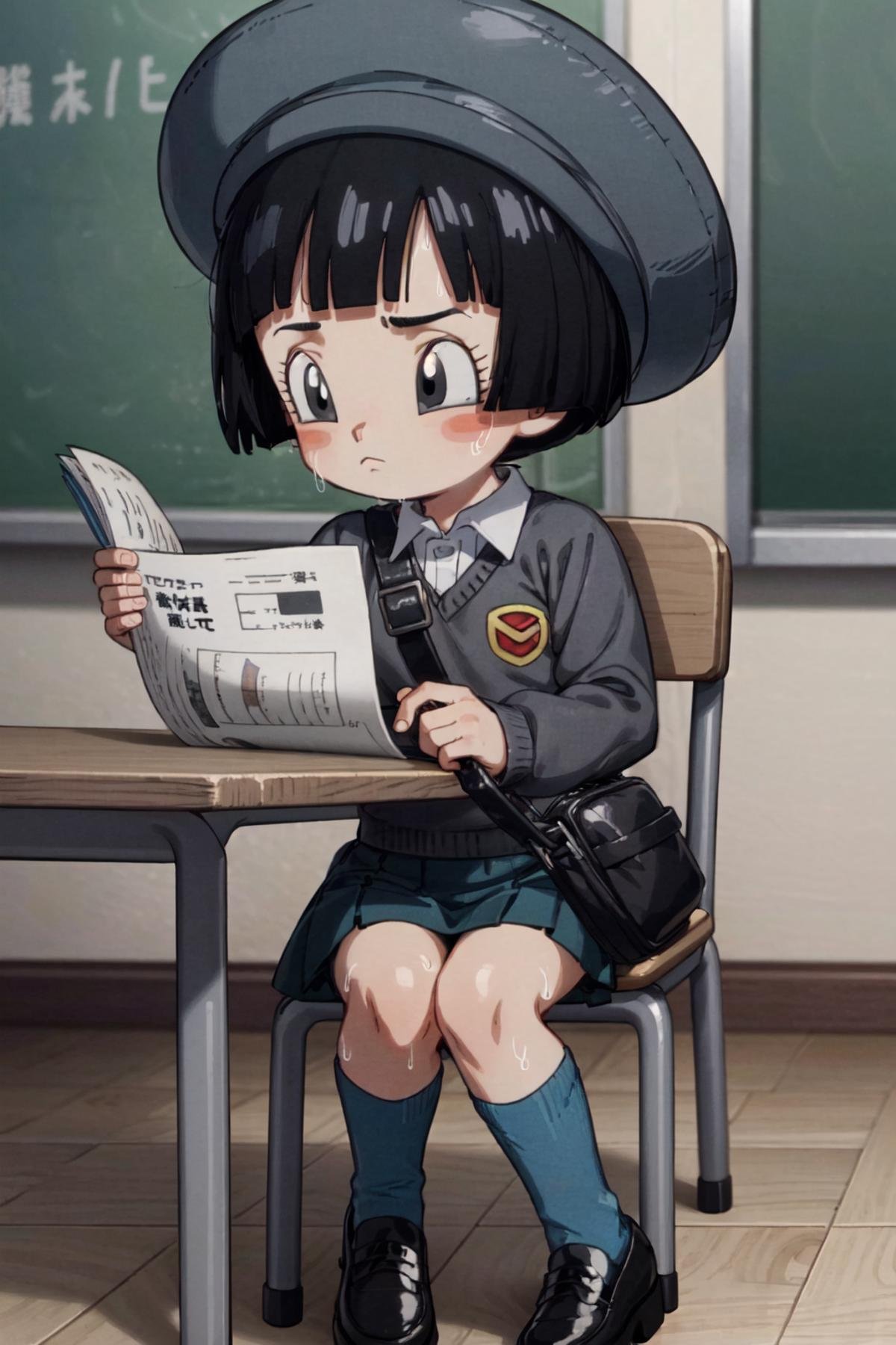 pan (dragon ball), 1girl, black hair, short hair, black eyes, blue uniform, white shirt, kindergarten uniform, shoulder bag, blue headwear, writing, paper, pen, blue skirt, black shoes, blue socks, frown, sitting, classroom, chair, (table), looking away, sweating, sweat <lora:Pan_DBS-10:1>