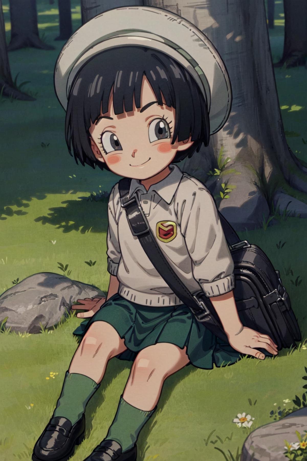 pan (dragon ball), 1girl, black hair, short hair, black eyes, green uniform, white shirt, kindergarten uniform, shoulder bag, green headwear, green skirt, black shoes, green socks, sitting, on ground, outdoors, grass, rocks, day, sunny, dappled sunlight, trees, smile, looking at viewer, blushing <lora:Pan_DBS-10:1>