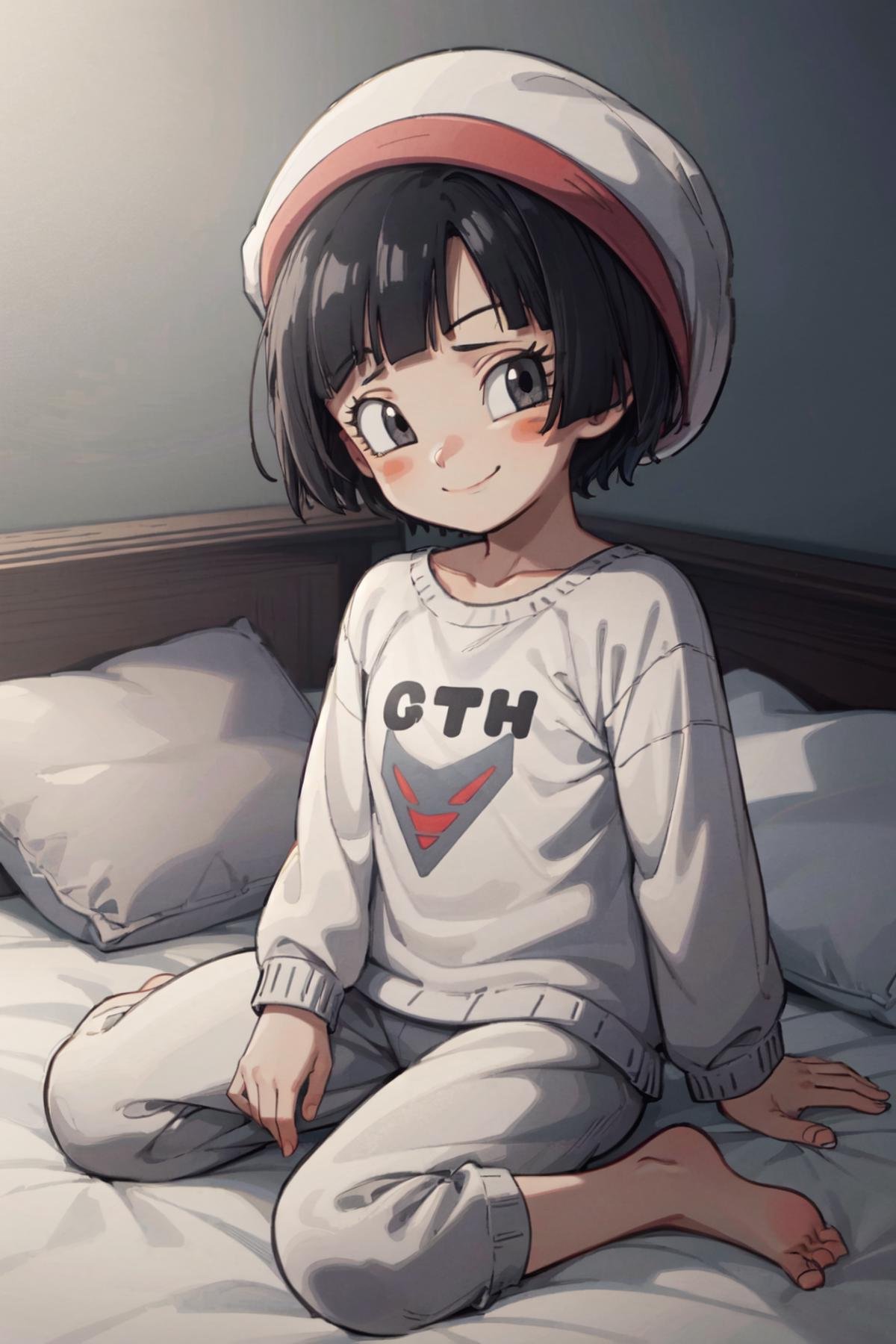 pan (dragon ball), 1girl, black hair, short hair, black eyes, white pajama, white pants, barefoot, tired, smile, sitting on bed, nightcap, indoors, on bed, pillows, blanket <lora:Pan_DBS-10:0.9> 