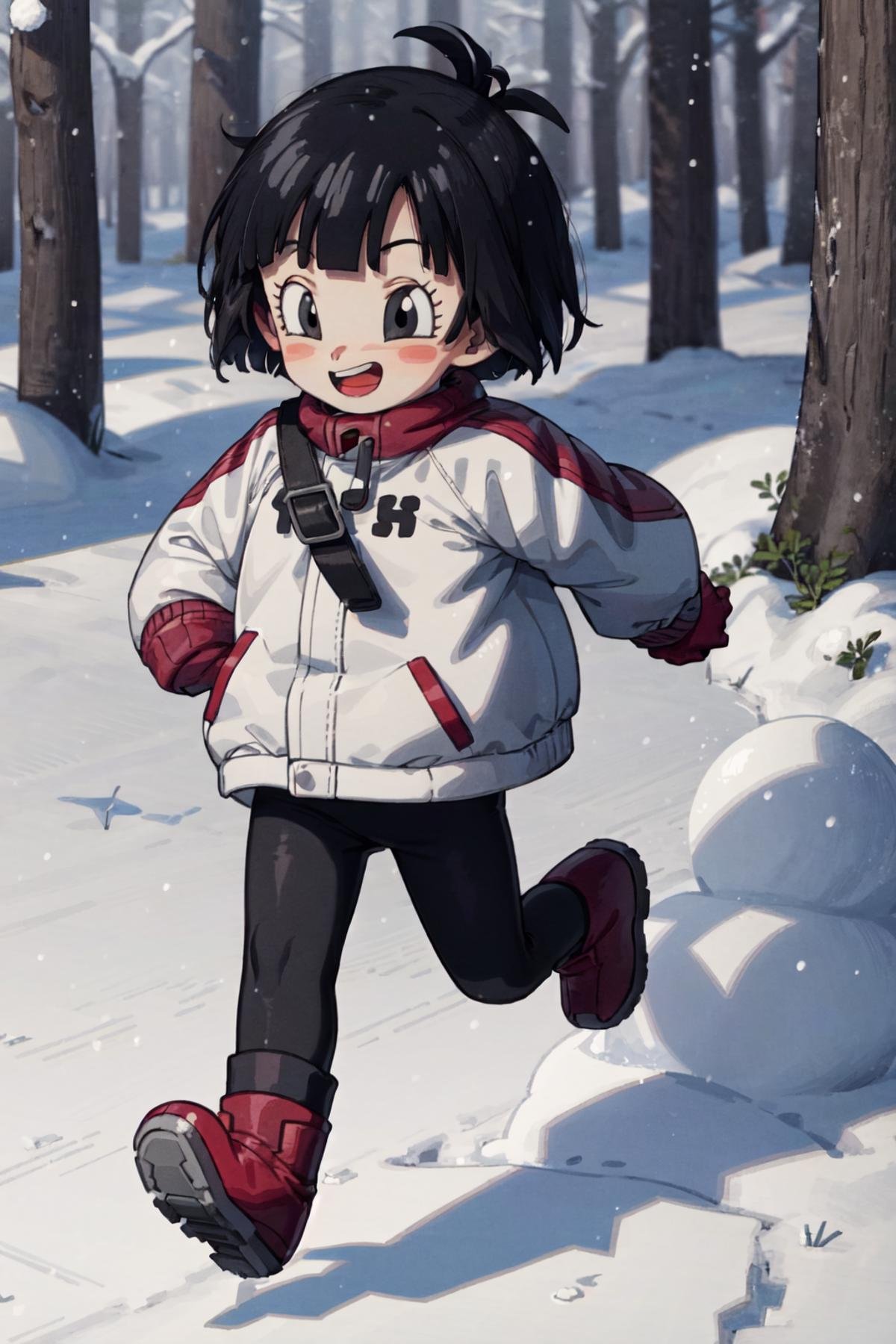 pan (dragon ball), 1girl, black hair, short hair, black eyes, white coat, snow, black leggings, white boots, :D, running, outdoors, snowy, snowing, trees, <lora:Pan_DBS-10:1> 