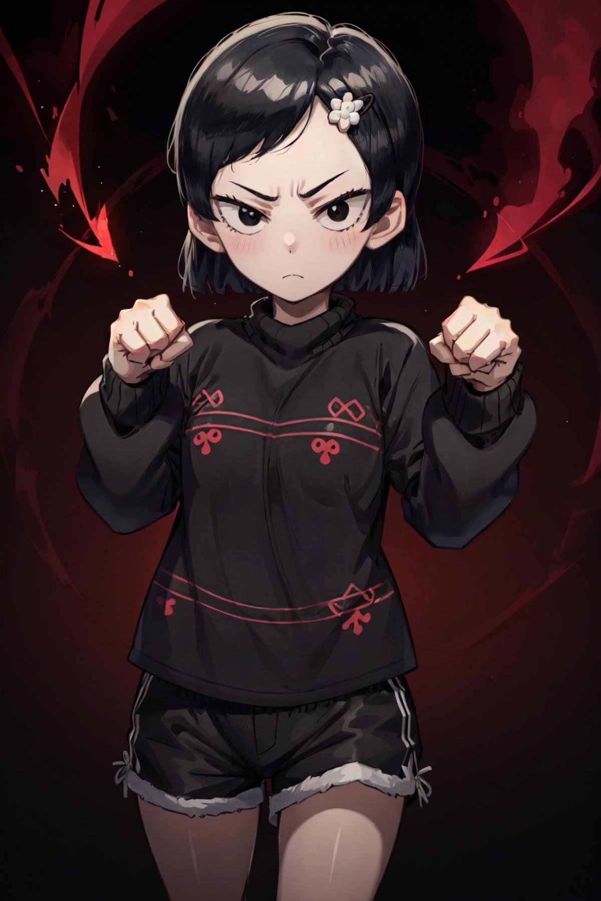 Zenko, 1girl, black hair, hair ornament, hairclip, black eyes, short hair, black sweater, black shorts, clenched fists, red aura, power aura, frown, looking at viewer, dark background <lora:Zenko_OPM:1>