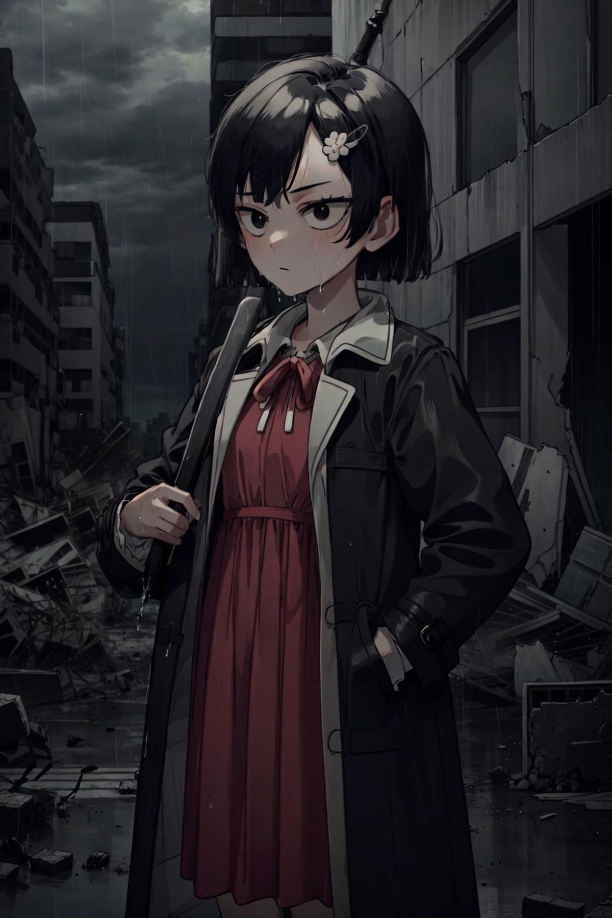 Zenko, 1girl, black hair, hair ornament, hairclip, black eyes, short hair, black coat, long coat, trench coat, baseball bat, holding, expressionless, outdoors, rain, gray clouds, raining, wet, city, debris, destruction, destroyed city, standing, <lora:Zenko_OPM:1>