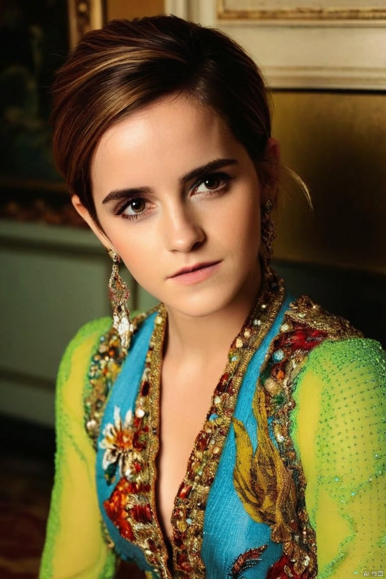  Surrealist beauty photo, a beautiful woman wearing complex and detailed colored clothes and future jewelry, low cut.,Emma Watson