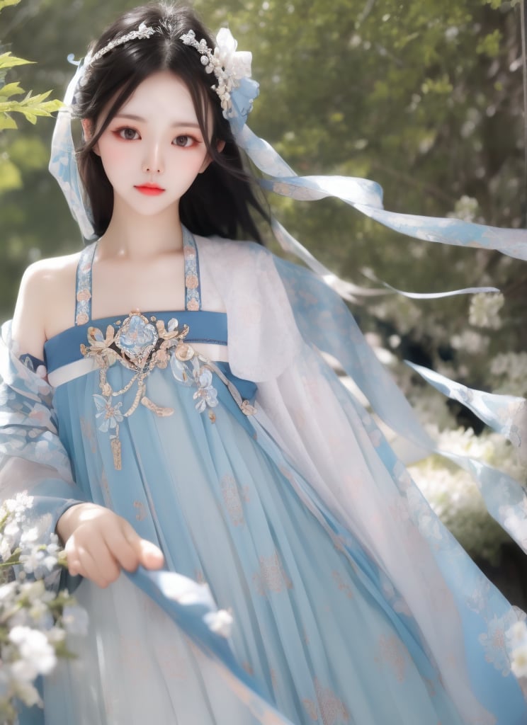 1 slim beautiful lady, elegant, charming, wearing (BreastHighRuSkirt:1.1), (with head:1.2), bright color dressing, black hair, delicate accessory, hair ornament, (cowboy shot), solo, masterpieces, best quality, high resolution, bright scene, soft color, low contrast, (blurred background,)