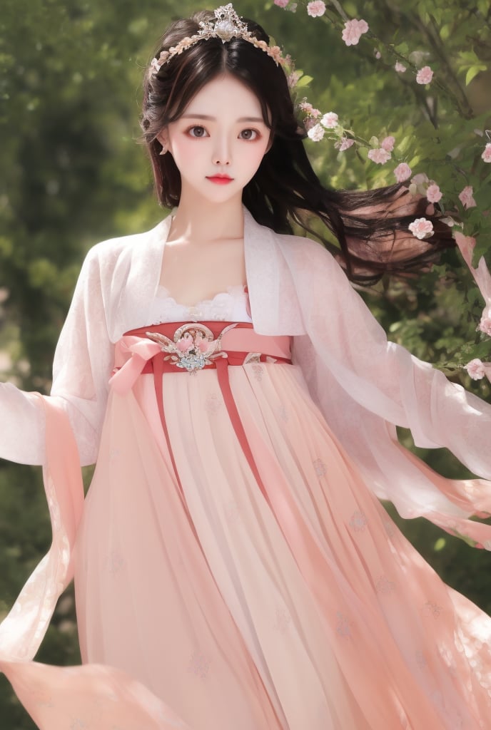 1 slim beautiful lady, elegant, charming, wearing pink (BreastHighRuSkirt), (with head:1.2), standing, black hair, delicate accessory, hair ornament, upper body,  (cowboy shot:1.3), (solo:1.1), masterpieces, best quality, high resolution, bright scene, soft color, low contrast, (floral background)