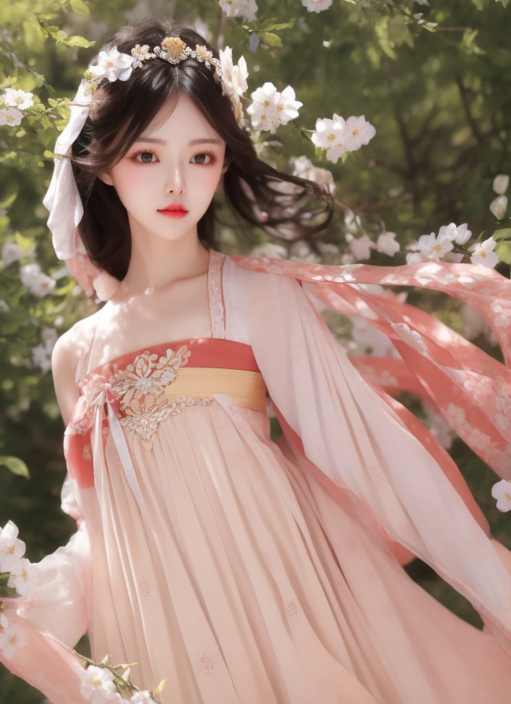 1 slim beautiful lady, elegant, charming, wearing (BreastHighRuSkirt), (with head:1.2), standing, black hair, delicate accessory, hair ornament, upper body,  (cowboy shot:1.3), (solo:1.1), masterpieces, best quality, high resolution, bright scene, soft color, low contrast, (floral background)