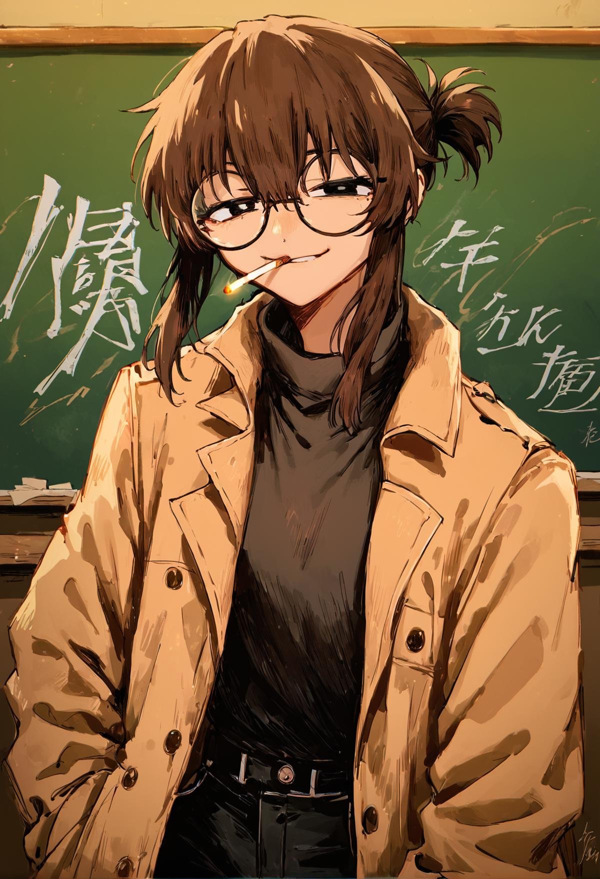 (score_9, score_8_up), score_7_up, zPDXL, Uguisu Anko, best quality, 1girl, brown hair, ponytail, black eyes, glasses, round glasses, <lora:Aguisu_Anko_XL_Pony_Revision:1>, beige coat, black sweater, black pants, indoors, classroom, dark, holding cigarette, cigarette, smug, looking at viewer, cowboy shot, chalkboard, <lora:kikenXLtest1:1>