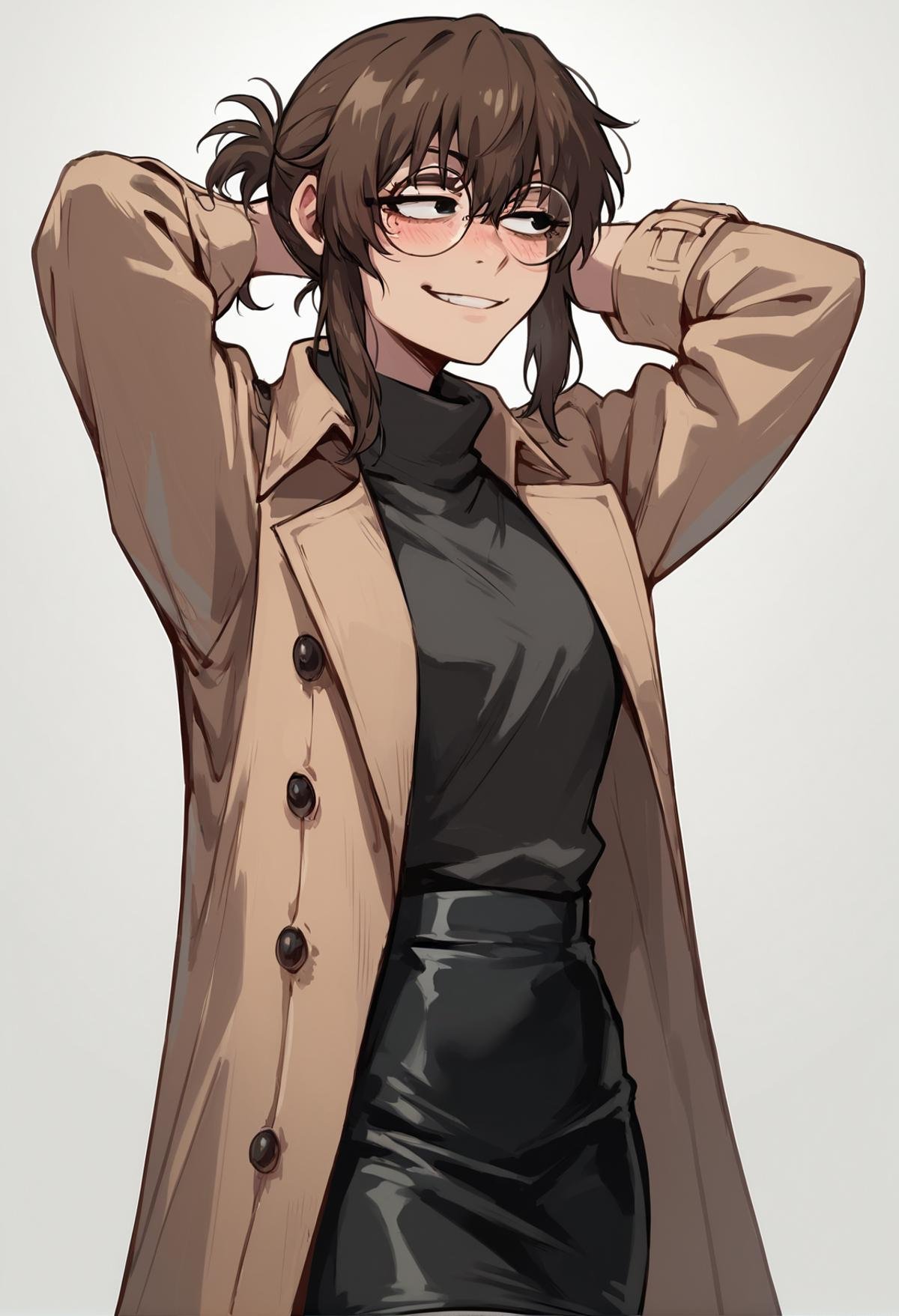 (score_9, score_8_up), score_7_up, zPDXL, Uguisu Anko, best quality, 1girl, brown hair, ponytail, black eyes, glasses, round glasses, <lora:Aguisu_Anko_XL_Pony_Revision:1>, beige coat, black sweater, black skirt, cowboy shot, arms behind head, looking away, blushing, smirk <lora:Smooth Anime Style LoRA XL:0.7>