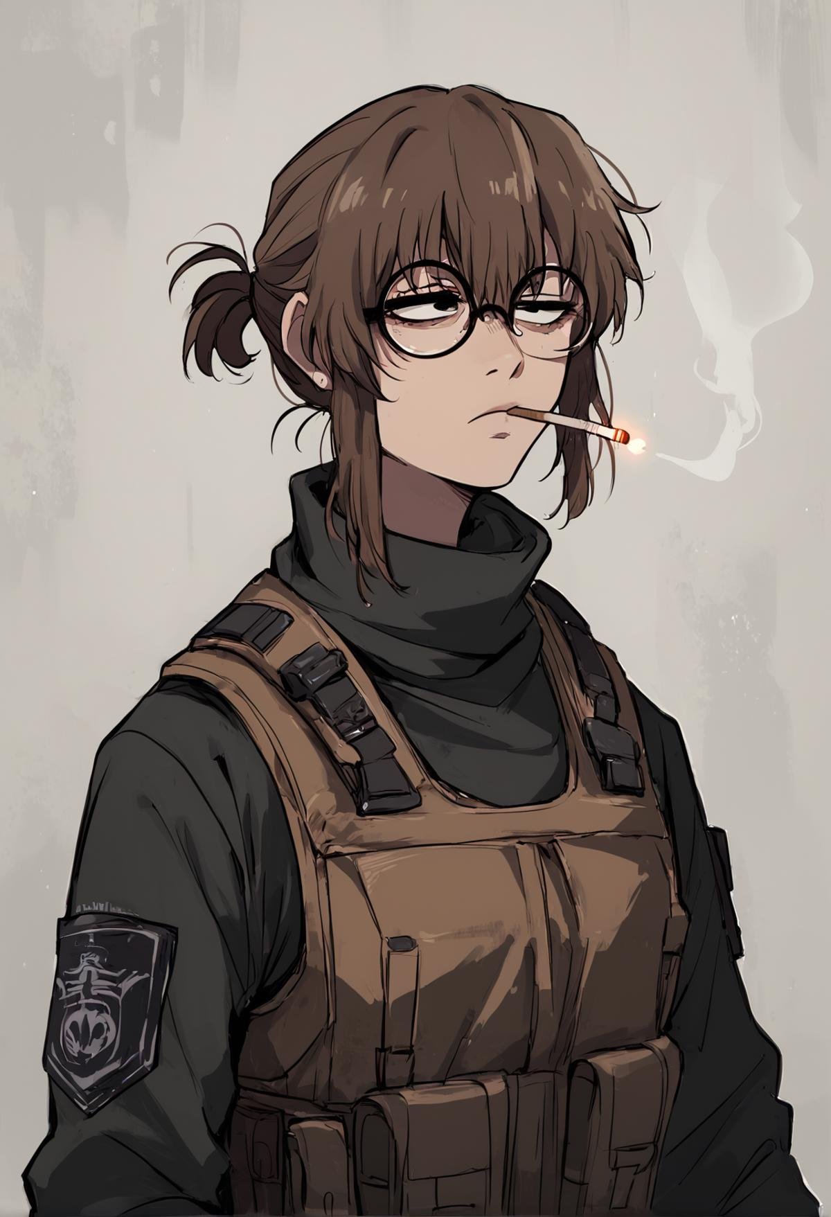 (score_9, score_8_up), score_7_up, zPDXL, Uguisu Anko, best quality, 1girl, brown hair, ponytail, black eyes, glasses, round glasses, <lora:Aguisu_Anko_XL_Pony_Revision:1>, black sweater, tactical gear, bulletproof vest, high collar, upper body, looking away, cigarette, smoking, dark background, serious, <lora:epic_anime_scenery_v0_1:0.75>