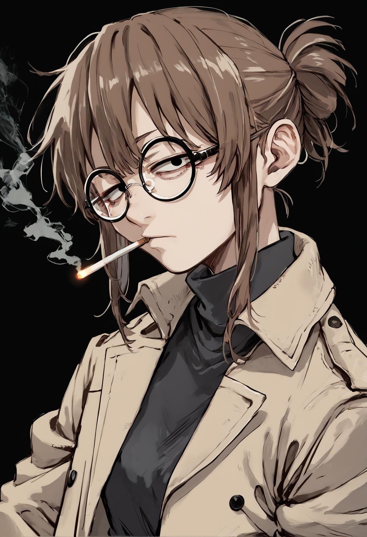 (score_9, score_8_up), score_7_up, score_6_up, score_5_up, zPDXL, <lora:Uguisu_Anko_XL_Pony_V2:1>, Uguisu Anko, best quality, 1girl, brown hair, ponytail, black eyes, glasses, round glasses, Beige coat, black sweater, black skirt, <lora:kotoyama_PonyXL_style_v01:1>, looking at viewer, dark background, smoke, smoking, cigarette, bored,