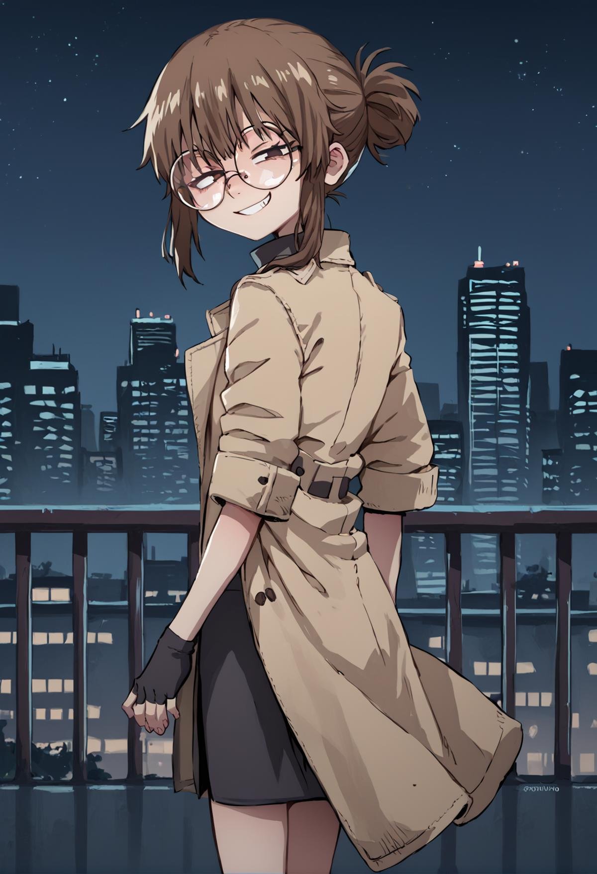 (score_9, score_8_up), score_7_up, score_6_up, score_5_up, zPDXL, <lora:Uguisu_Anko_XL_Pony_V2:1>, Uguisu Anko, best quality, 1girl, brown hair, ponytail, back eyes, round glasses, glasses, orenji, <lora:Orenji:1>, Beige coat, black sweater, black skirt, city, walking, night, dark, looking at viewer, waving, black gloves, fingerless gloves, smirk