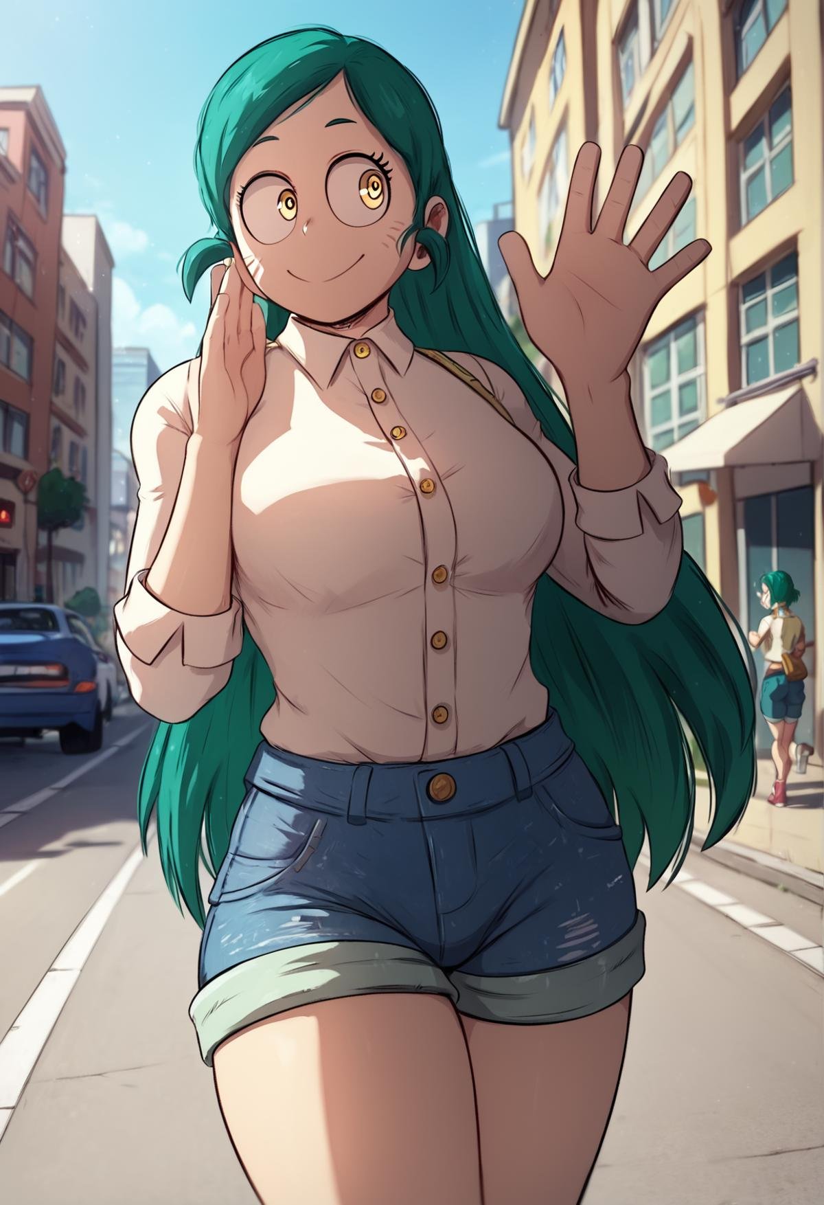 (score_9, score_8_up), score_7_up, zPDXL, ragdoll \(boku no hero academia\), shiretoko tomoko, 1girl, best quality, green hair, yellow eyes, long hair <lora:Ragdoll_XL_Pony_Revision:1>, white shirt, denim shorts, outdoors, city, cowboy shot, sidewalk, cars, day, urban, smile, looking away, waving, <lora:GreatM8_Style_XL_Pony_Revision:1.1>, greatm8 style