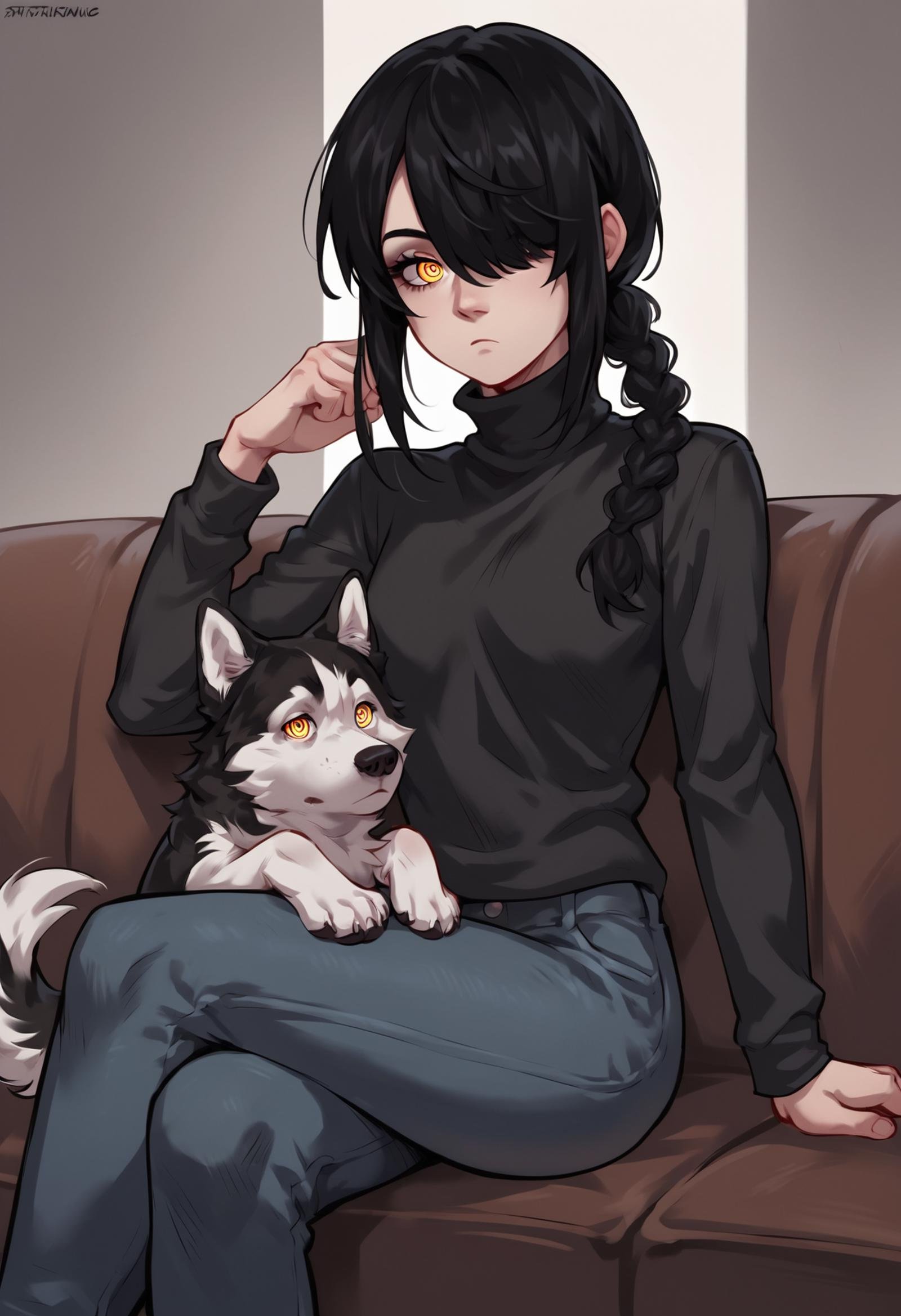 (score_9, score_8_up), score_7_up, score_6_up, score_5_up, score_4_up, Nayuta, 1girl, ringed eyes, black hair, minimalist, yellow eyes, best quality, single braid, medium hair, hair over one eye, black sweater, turtleneck sweater, denim pants, sitting on sofa, crossed legs, husky, petting, headpat dog, petting dog, dog, animal, expressionless, looking at viewer <lora:Smooth Anime Style LoRA XL:0.7> <lora:Nayuta_CSM_XL_Pony:1>