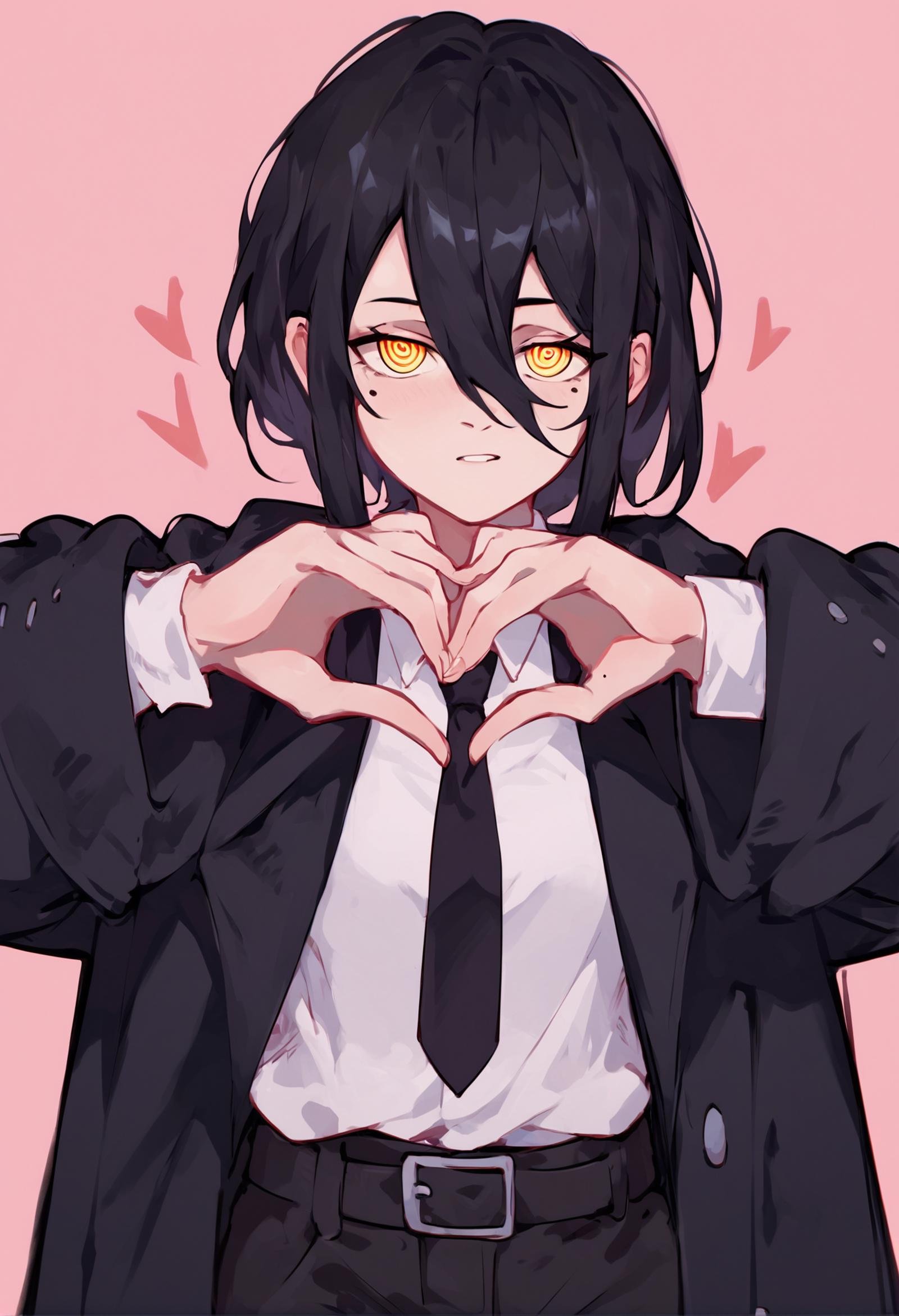 (score_9, score_8_up), score_7_up, score_6_up, score_5_up, score_4_up, Nayuta, 1girl, ringed eyes, black hair, yellow eyes, best quality, :D, heart hands, looking at viewer, black coat, open coat, white collared shirt, white shirt, black necktie, chemise, black pants, belt, pink background, hearts, <lora:Nayuta_CSM_XL_Pony:1> <lyco:style_notsorapoi_ponyXL-CAME:1>, hair between eyes, short hair, mole under eye,