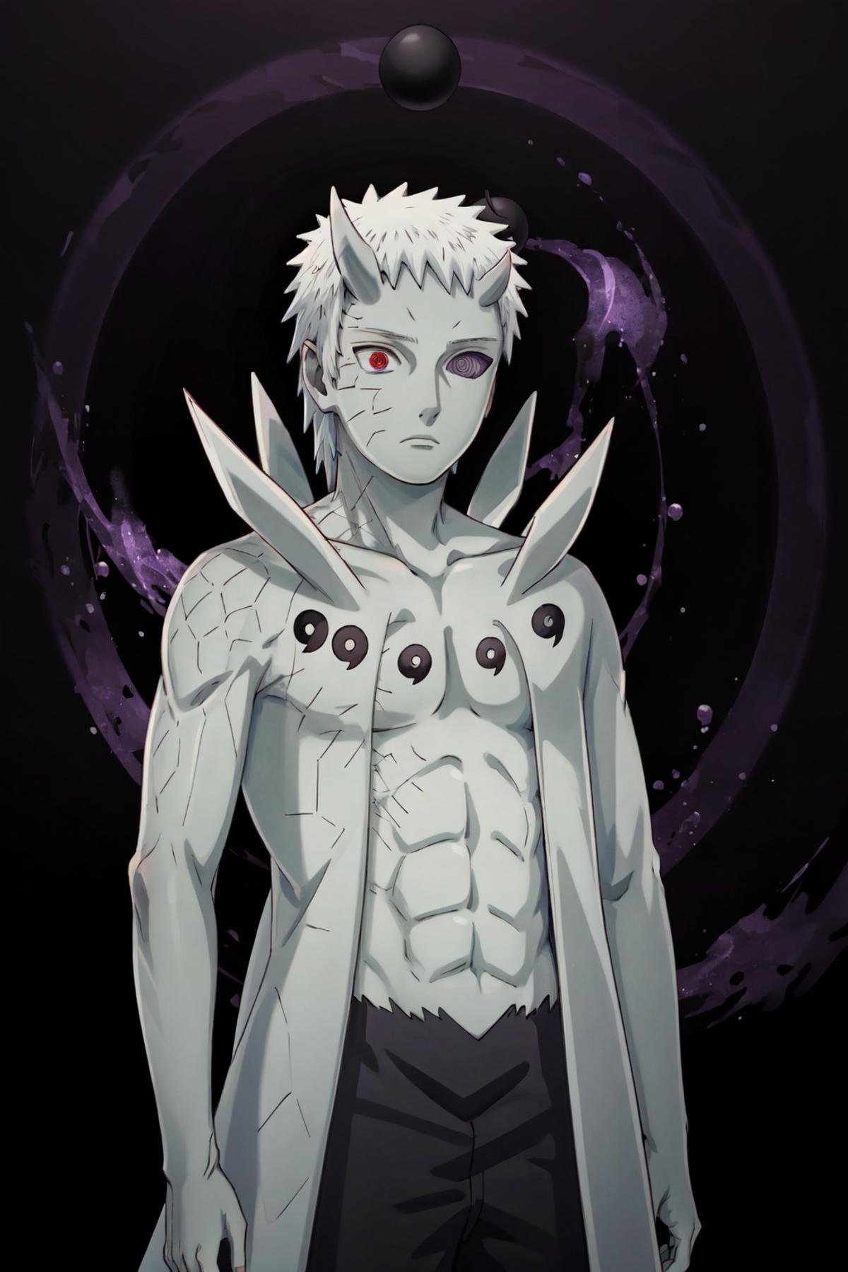 Obito, masterpiece, best quality, 1boy, pale skin, long hair, white hair, black pants, horns, truth seeking balls, purple aura, heterochromia, red eye, purple eye, expressionless, dark background, void, upper body <lora:Obito_Jinchuriki:1>,