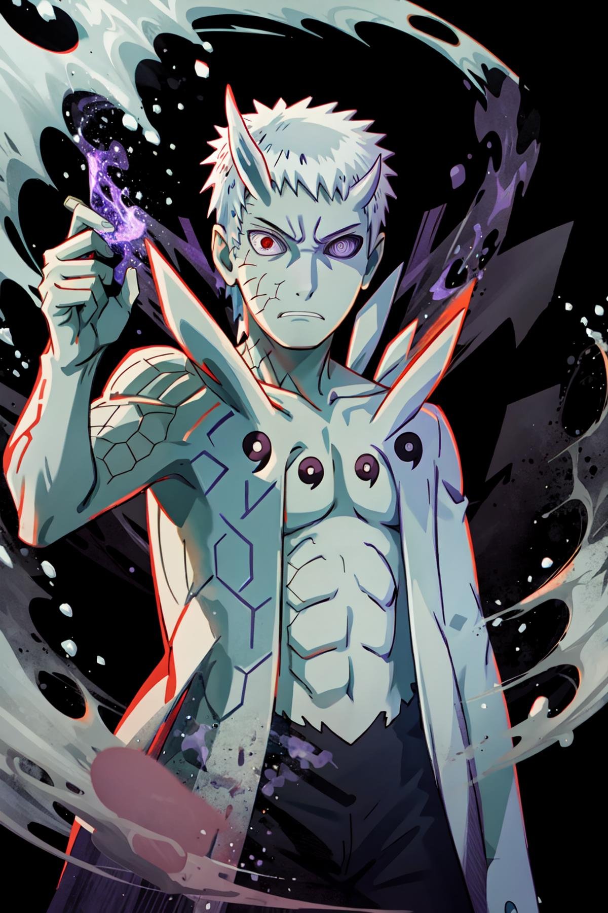 Obito, masterpiece, best quality, 1boy, pale skin, short hair, white hair, black pants, horns, purple aura, heterochromia, red eye, purple eye, upper body, looking at viewer, smirk, frown, fighting stance, purple aura, void, black background, teeth, <lora:Obito_Jinchuriki:1>,