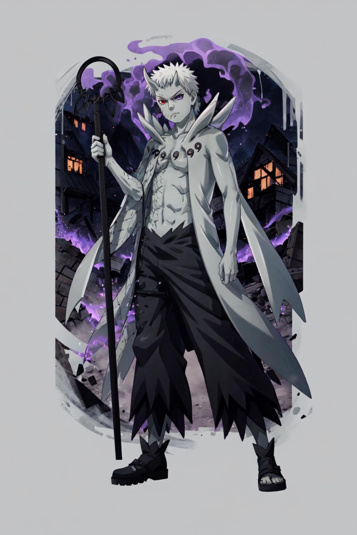 Obito, masterpiece, best quality, 1boy, pale skin, long hair, white hair, black pants, horns, truth seeking balls, purple aura, heterochromia, red eye, purple eye, angry, black staff, holding, village, destruction, fire, debris, purple aura, looking away, full body <lora:Obito_Jinchuriki:1>,