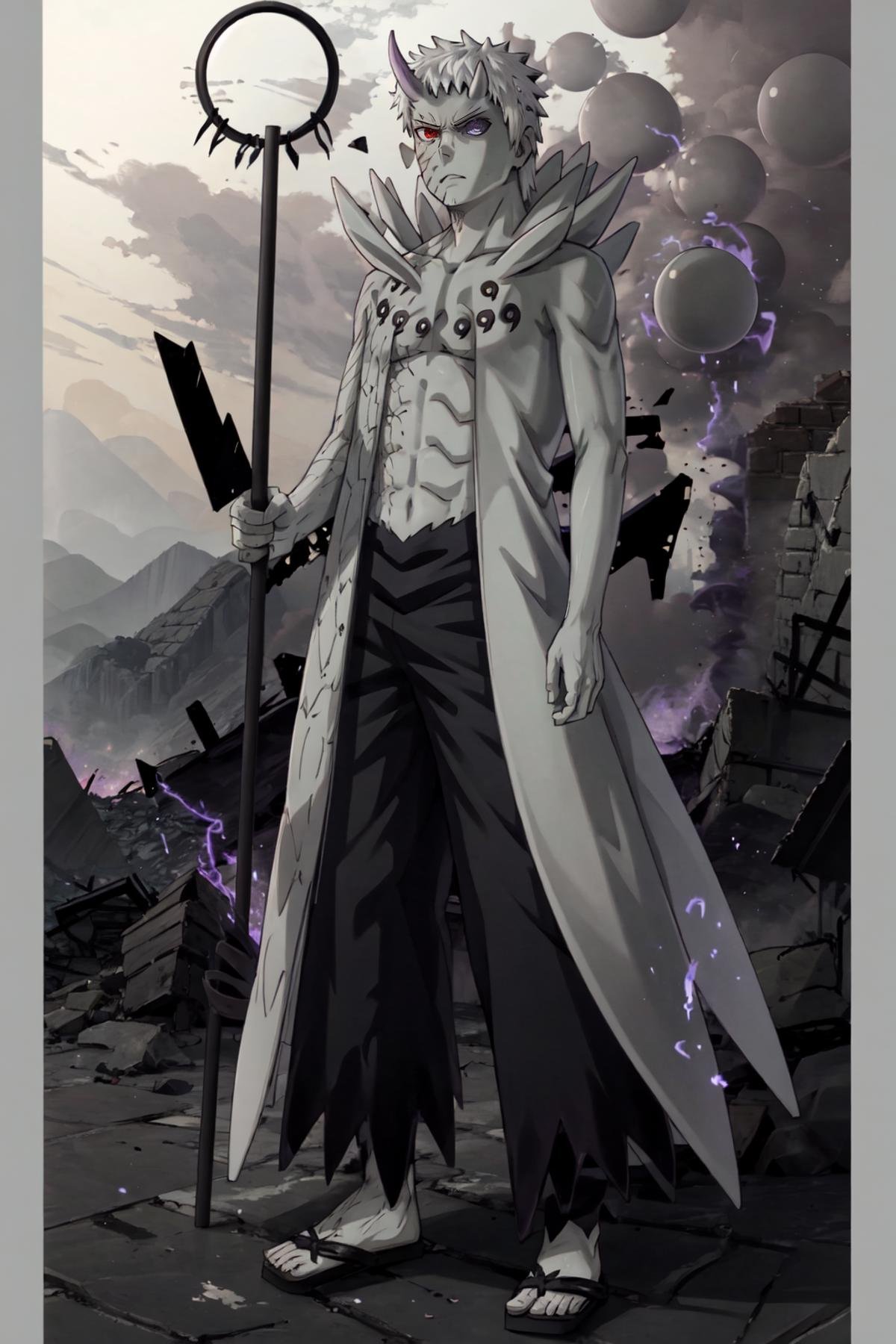 Obito, masterpiece, best quality, 1boy, pale skin, long hair, white hair, black pants, horns, truth seeking balls, purple aura, heterochromia, red eye, purple eye, angry, black staff, holding, ((outdoors)) village, destruction, fire, debris, purple aura, looking away, full body <lora:Obito_Jinchuriki:1>,