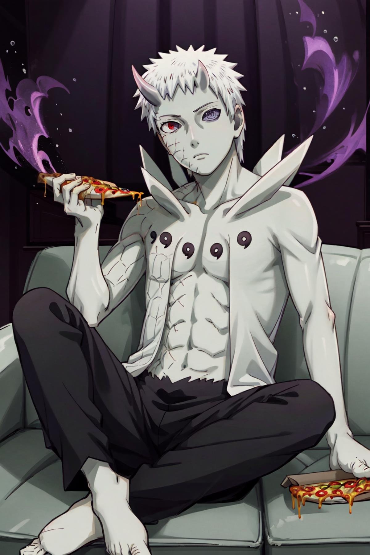 Obito, masterpiece, best quality, 1boy, pale skin, long hair, white hair, black pants, horns, truth seeking balls, purple aura, heterochromia, red eye, purple eye, expressionless, sitting on sofa, living room, barefoot, black headwear, (holding pizza, pizza), looking at viewer,, <lora:Obito_Jinchuriki:1>,