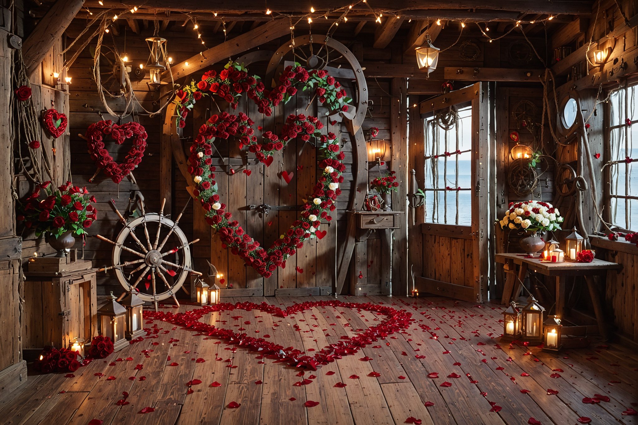 A rustic wooden room, illuminated by soft, warm lighting from multiple candles. Dominating the center is a large heart-shaped wreath made of red roses, with petals scattered on the wooden floor. To the left, there's a wooden door with a ship's wheel hanging beside it. Various antique objects, such as lanterns, a compass, and a wooden chest, are scattered throughout the room. On the right, a window lets in a glimpse of the outdoors, and a small table holds a bouquet of flowers. The overall ambiance is romantic and nostalgic.