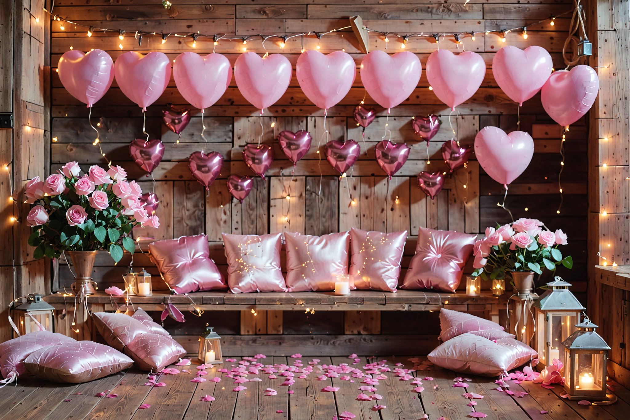 A cozy, rustic setting with a wooden bench adorned with plush cushions. Above the bench, heart-shaped balloons in varying shades of pink are suspended against a weathered wooden backdrop. To the left, a vase with pink roses stands on a wooden table. The floor is scattered with pink rose petals, and a lantern with a lit candle is placed near the bench. The ambiance is further enhanced by the soft glow of fairy lights strung around the room.