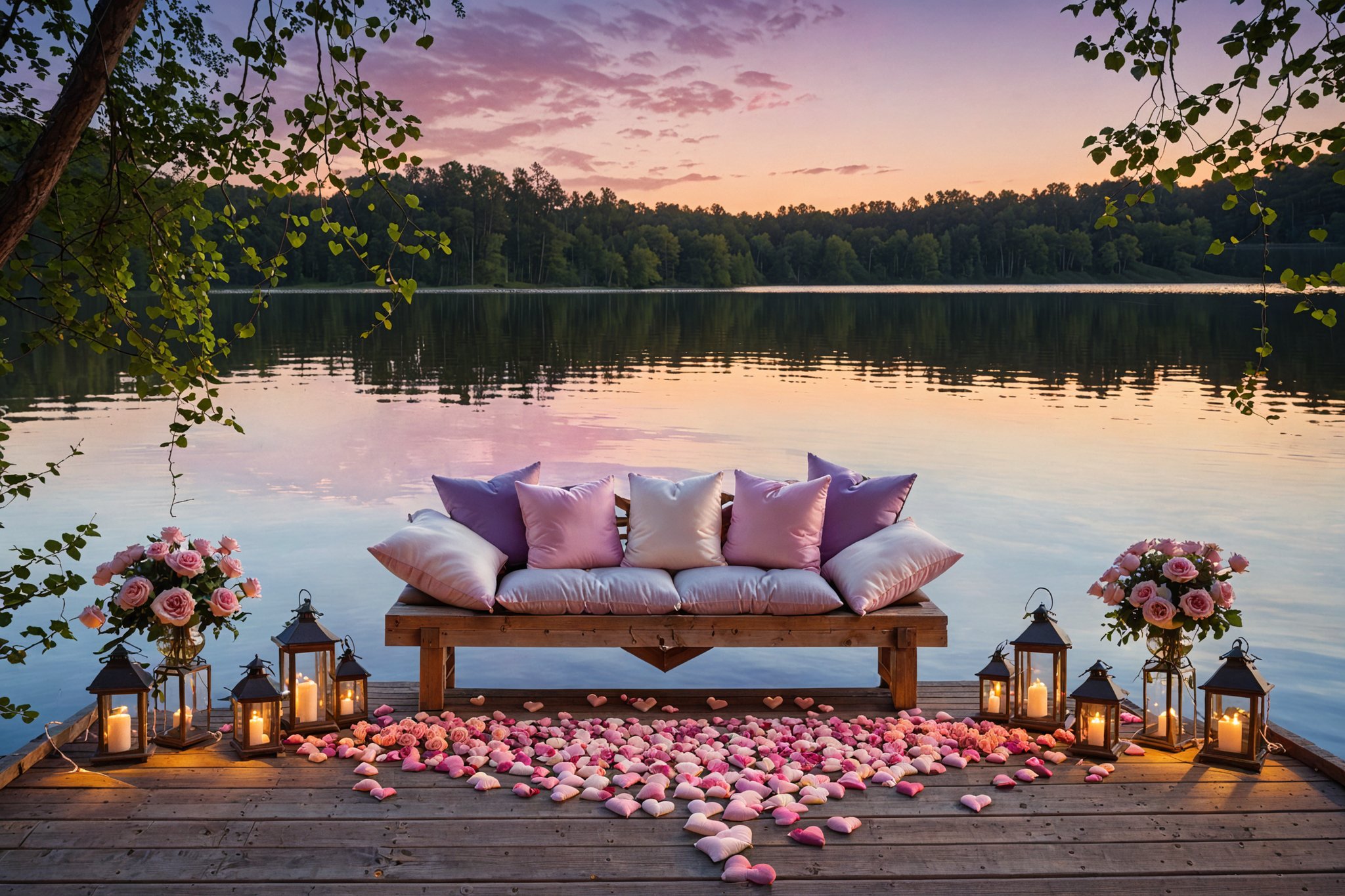 A serene lakeside setting during twilight. A wooden dock extends over the calm waters, adorned with a plush seating arrangement. This includes soft cushions, a blanket, and a vase filled with roses. Suspended from the dock are three heart-shaped lanterns, emanating a warm glow. The surrounding area is dotted with rose petals scattered on the water, and the backdrop features a tranquil lake reflecting the hues of the setting sun. Trees with lush green leaves frame the scene, and the sky above is painted in soft shades of pink and purple.