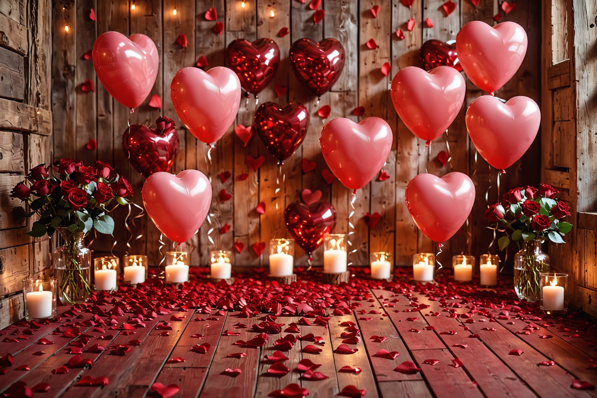 A romantic setting with a rustic wooden backdrop. There are heart-shaped balloons in varying sizes, predominantly in shades of red. The floor is scattered with red rose petals, and there are multiple vases filled with red roses. Additionally, there are lit candles of varying sizes placed on wooden surfaces, creating a warm and intimate ambiance. The overall theme seems to be centered around love and celebration, possibly for an occasion like Valentine's Day.