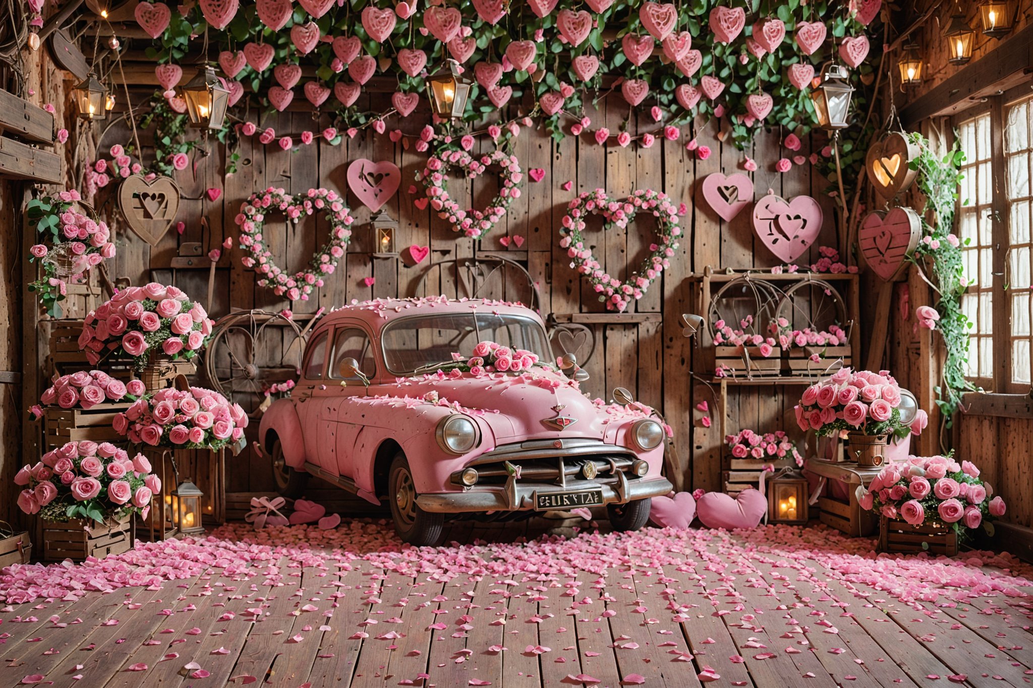 A rustic room adorned with an abundance of pink roses and heart-shaped decorations. A vintage pink car is positioned in the center, surrounded by flower arrangements. The walls are made of wooden planks, and there are various objects like lanterns, crates, and baskets scattered throughout. The floor is covered in pink petals, and there's a window on the right that lets in natural light.