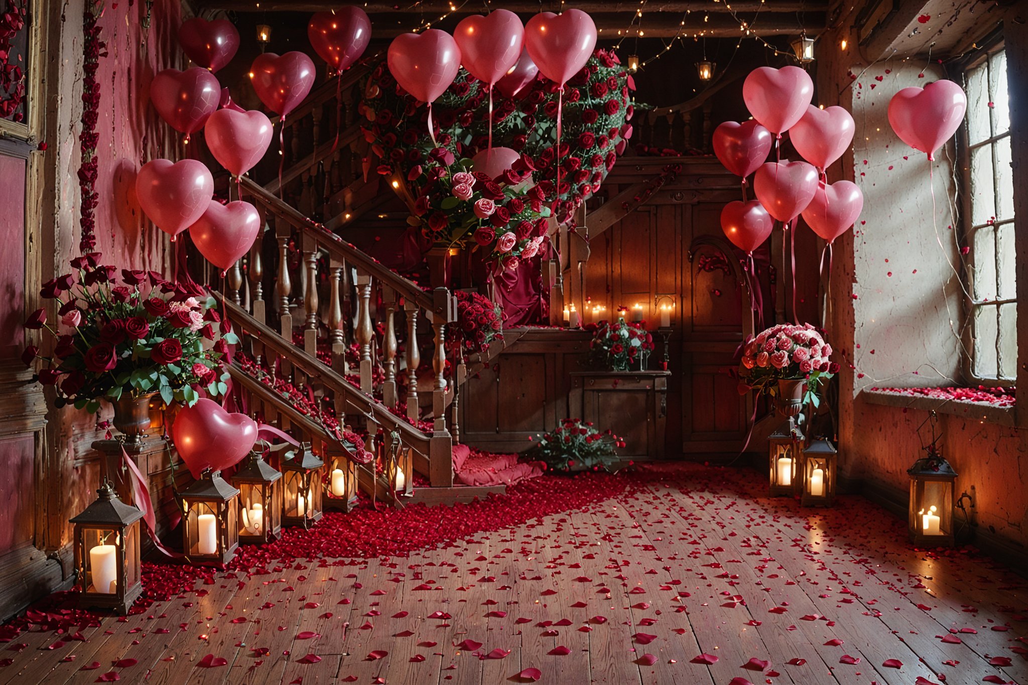 An elegantly decorated interior space, possibly a room or hallway. Dominating the scene are heart-shaped balloons in shades of pink and red, cascading from the ceiling and adorning the walls. A wooden staircase with ornate railings is the central focus, with red rose petals scattered on its steps. On the left, a window lets in soft light, illuminating a small table holding a vase filled with red roses. The floor is carpeted with more rose petals, and various lanterns with lit candles are scattered throughout the room, adding to the romantic ambiance. The walls have a rustic, aged appearance with peeling paint, and fairy lights can be seen draped around the space.