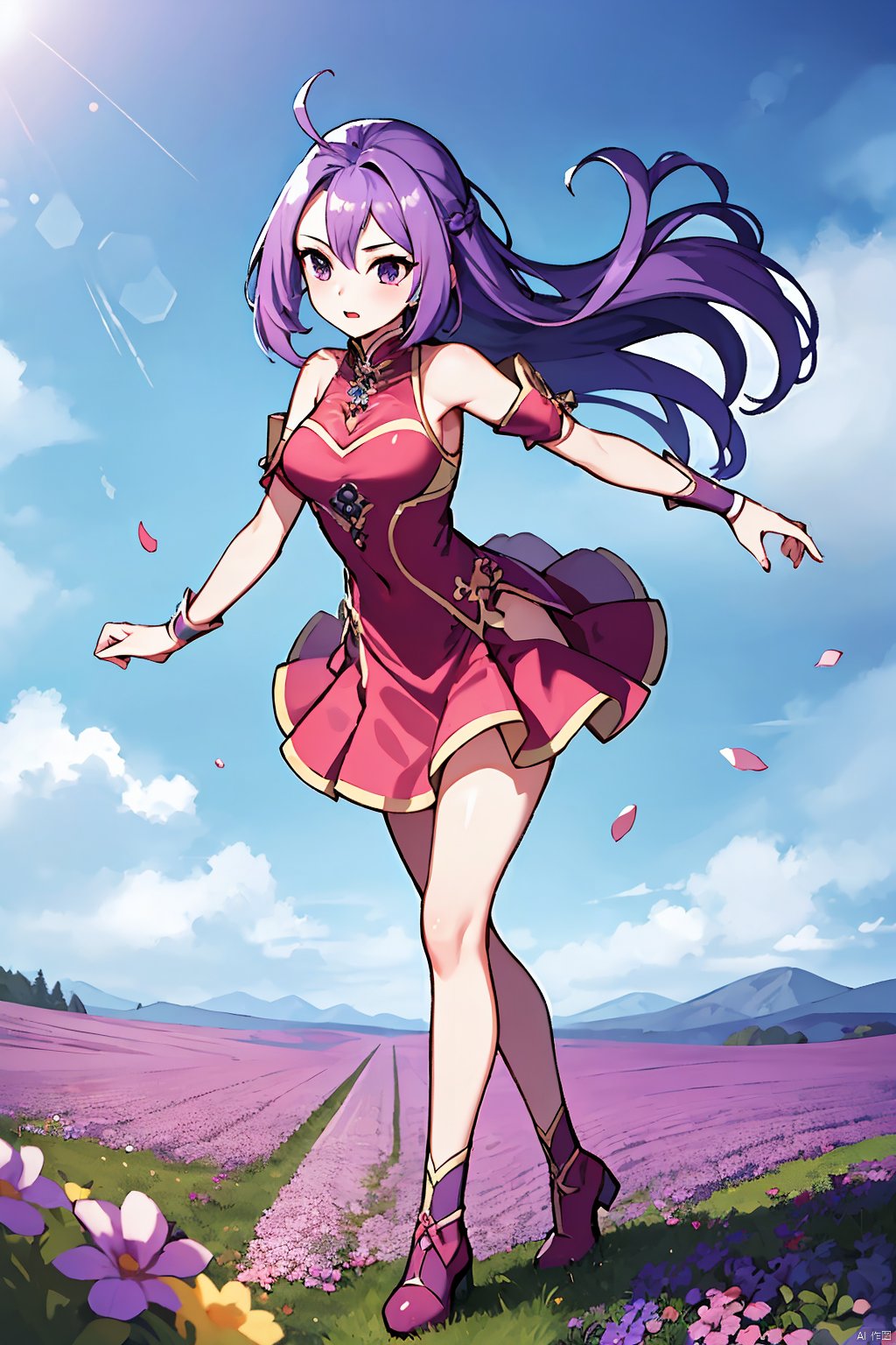 full body, The whole body, masterpiece, best quality,dynamic pose, dynamic angle,1girl,

ziyan,1girl,solo,purple hair,long hair,

day, cloudy, flower field,



, ((poakl)),ziyan