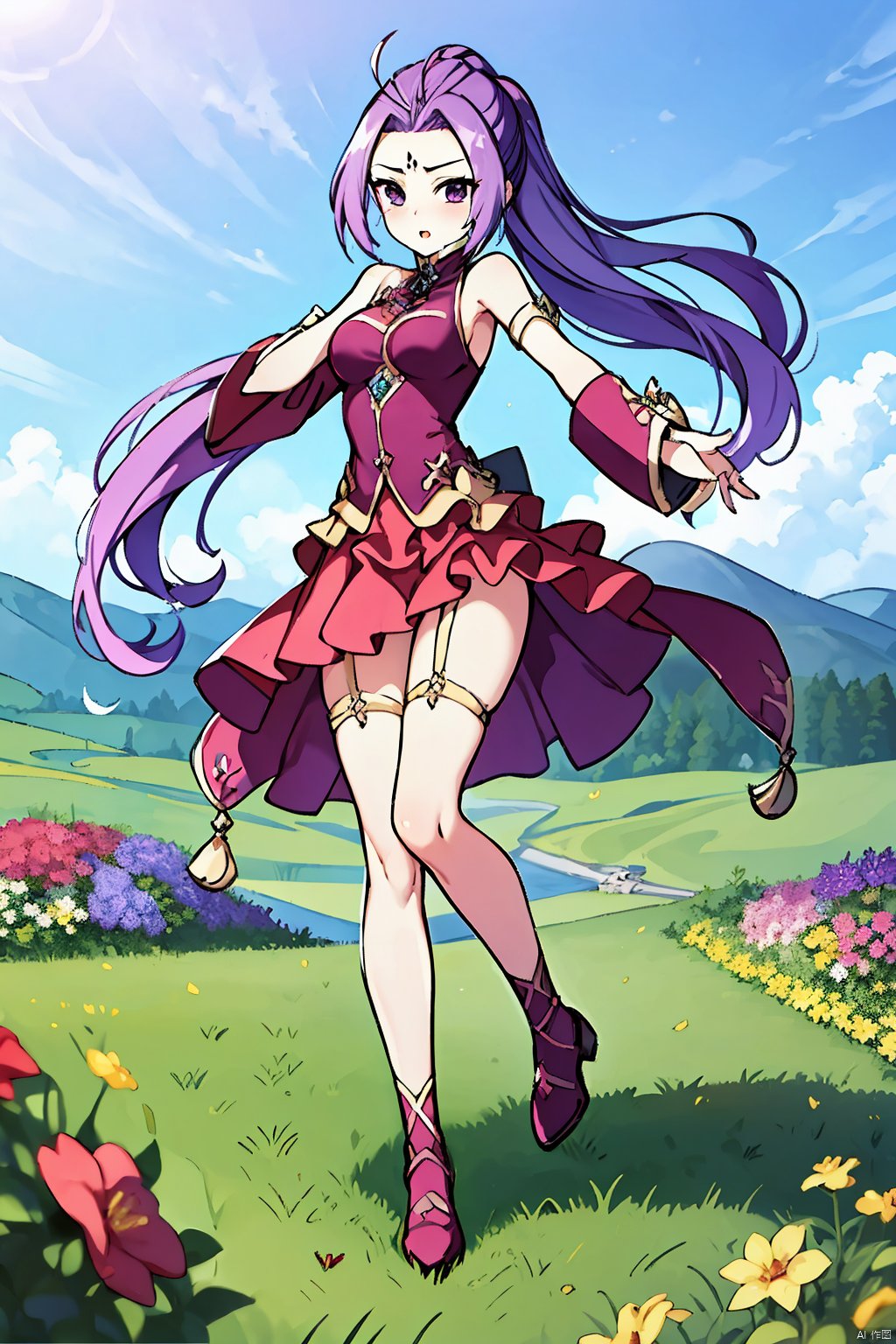 full body, The whole body, masterpiece, best quality,dynamic pose, dynamic angle,1girl,

ziyan,1girl,solo,purple hair,long hair,

day, cloudy, flower field,



, ((poakl)),ziyan