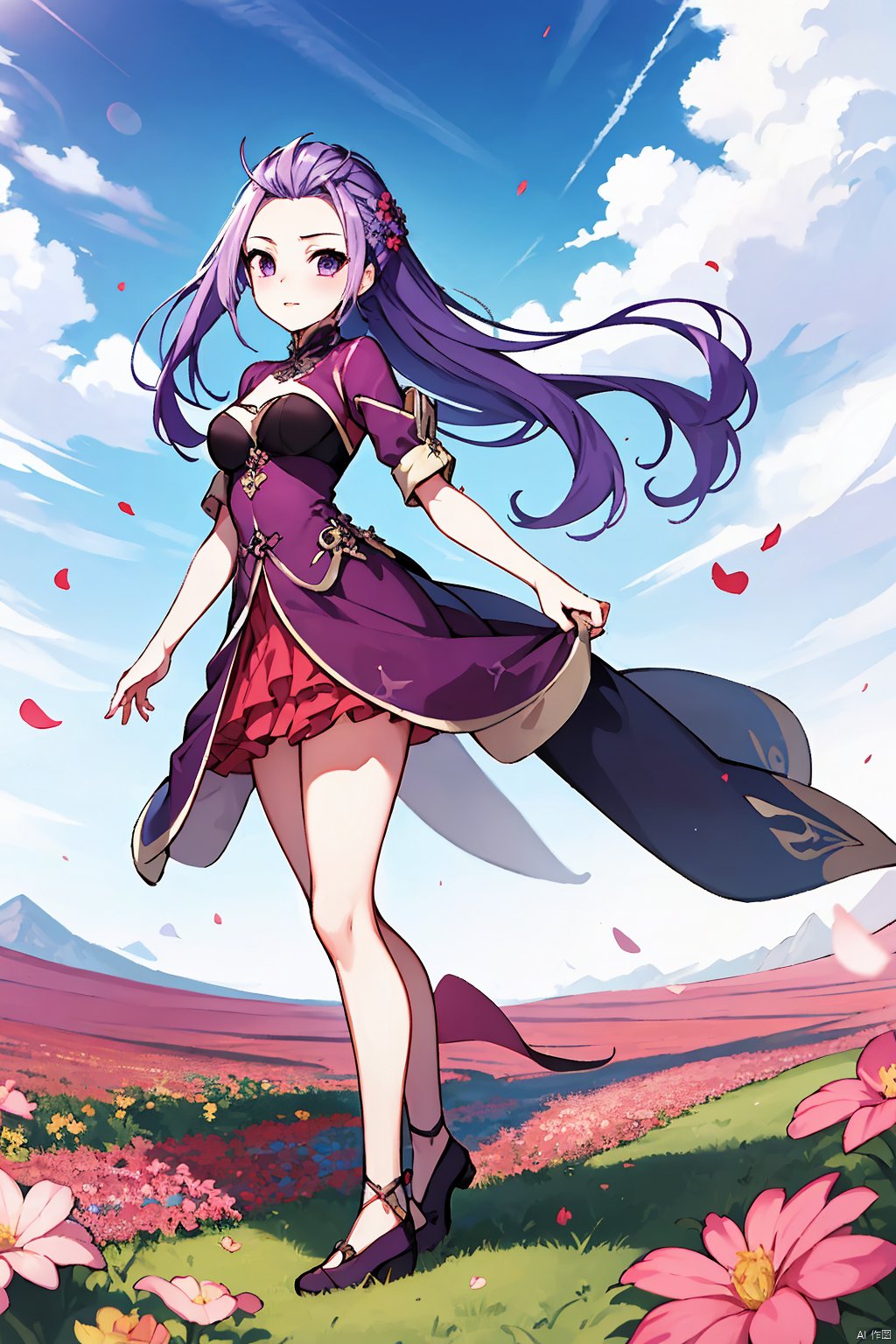 full body, The whole body, masterpiece, best quality,dynamic pose, dynamic angle,1girl,

ziyan,1girl,solo,purple hair,long hair,

day, cloudy, flower field,



, ((poakl)),ziyan