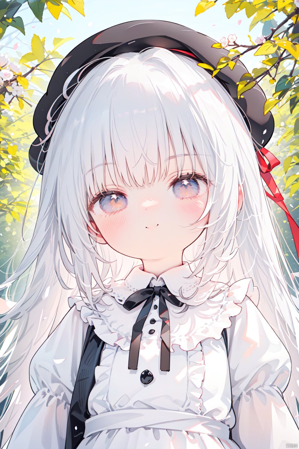  (masterpiece:1.1), (best quality:1.2), highres, original, extremely detailed wallpaper, official art,1girl, solo, long hair, (little_girl:1.2),(petite:1.1),bright_pupils,blue eyes,gothic_lolita,dress,loli,looking at viewer, blush, smile, bangs, white hair, shirt, long sleeves, hat, dress, ribbon, brown eyes, closed mouth, hair ribbon, upper body, outdoors, frills, blurry, red ribbon, black headwear, blurry background, loli