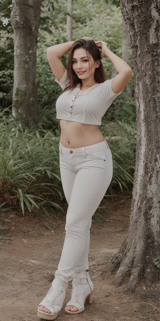 A strikingly beautiful 21-year-old girl with blonde hair, smiling, hands stand behind head, stands on a forest background. She is wearing a fit white t-shirt, black tight-fitting high-waisted jeans, lace-up boots and layered bracelets. Full body. She has beautiful blue eyes that draw attention to her flawless features. This scene is captured in high-quality photography, in which every detail is captured with exceptional clarity. The image exudes elegance and sophistication, inviting viewers to admire the impeccable style and beauty of the subject.,38 years old plump women ,38 years old plump 