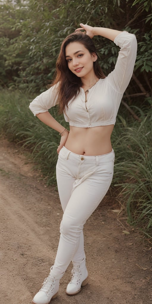 A strikingly beautiful 21-year-old girl with blonde hair, smiling, hands stand behind head, stands on a forest background. She is wearing a fit white t-shirt, black tight-fitting high-waisted jeans, lace-up boots and layered bracelets. Full body. She has beautiful blue eyes that draw attention to her flawless features. This scene is captured in high-quality photography, in which every detail is captured with exceptional clarity. The image exudes elegance and sophistication, inviting viewers to admire the impeccable style and beauty of the subject.,38 years old plump women ,38 years old plump 