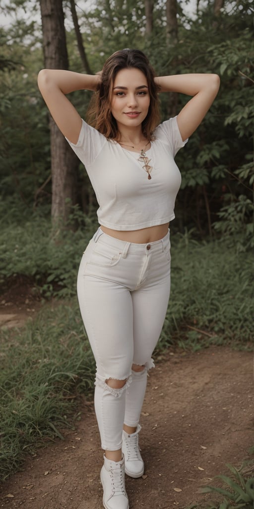 A strikingly beautiful 21-year-old girl with blonde hair, smiling, hands stand behind head, stands on a forest background. She is wearing a fit white t-shirt, black tight-fitting high-waisted jeans, lace-up boots and layered bracelets. Full body. She has beautiful blue eyes that draw attention to her flawless features. This scene is captured in high-quality photography, in which every detail is captured with exceptional clarity. The image exudes elegance and sophistication, inviting viewers to admire the impeccable style and beauty of the subject.,38 years old plump women ,38 years old plump 