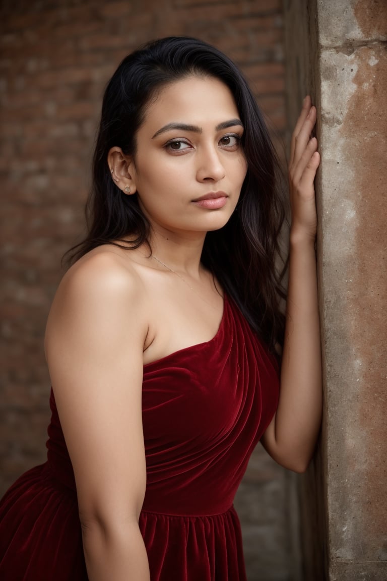 A beautiful girl, ((wearing a Red velvet dress), red dress, one shoulder, leaning against a brick wall, model pose,playing with her hair,morning look,holding her cheek with one hand, black super long hair, clear hair,  seducing expression, looking at the camera lazily, super wide angle, backlight, Light and dark effects, realistic style,  ,Mallu curly hair, thick body,39 years old plump women 