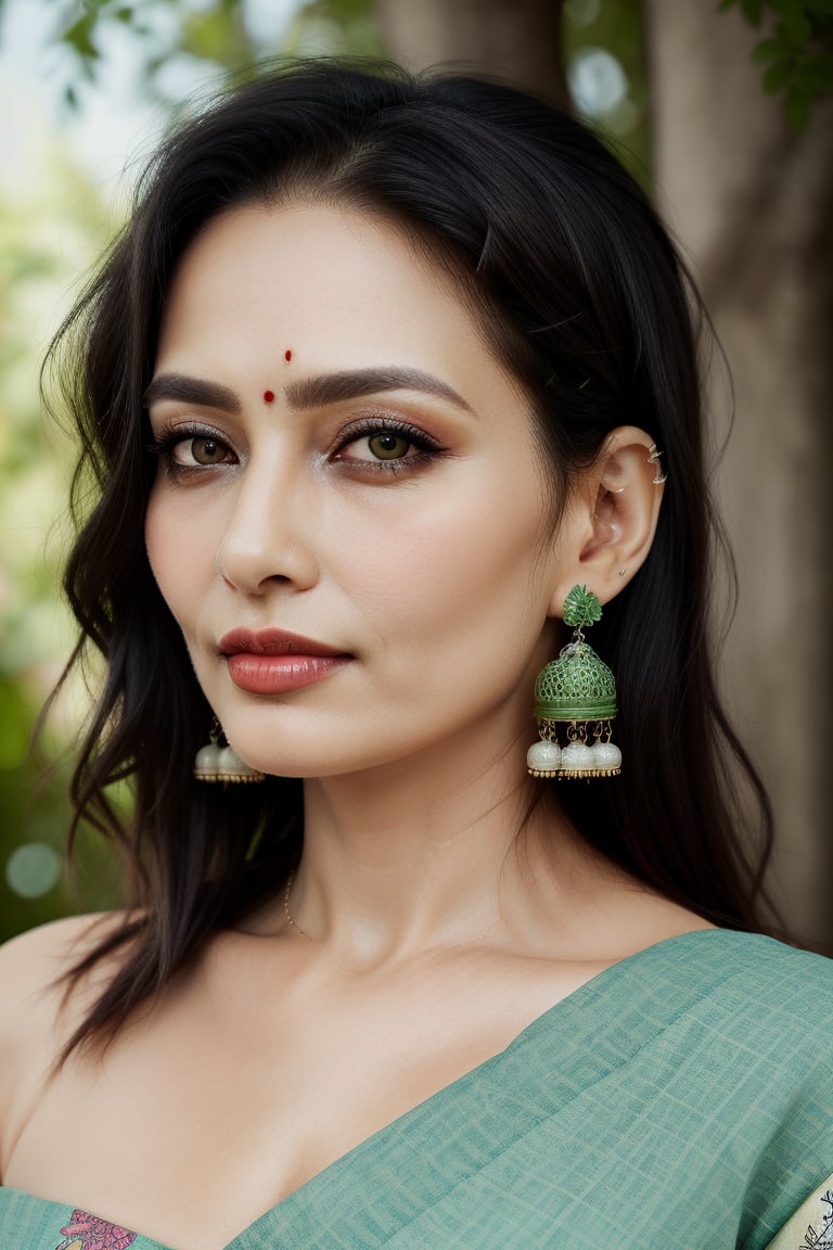 (best quality,highres),detailed eyes,detailed lips,flowing black hair,traditional attire,vibrant colors,natural lighting,lush green background,ethereal atmosphere,subtle makeup,elegant jewelry,confident expression,traditional patterns.,39 years old plump women 