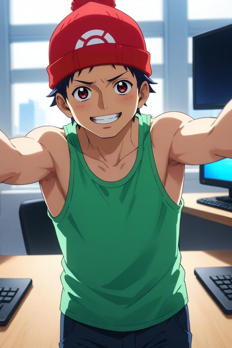 score_9, score_8_up, score_7_up, source_anime, rating_safe, , , looking at viewer, depth of field, 1boy, male focus, ruby eyes, titian hair, tank top, bobble hat, solo, rule of thirds, office, computers, dawn, spread arms, happy, <lora:one_piece_wano_style_pony:0.68>, one_piece_wano_style, , <lora:sdxl_lightning_8step_lora:1>