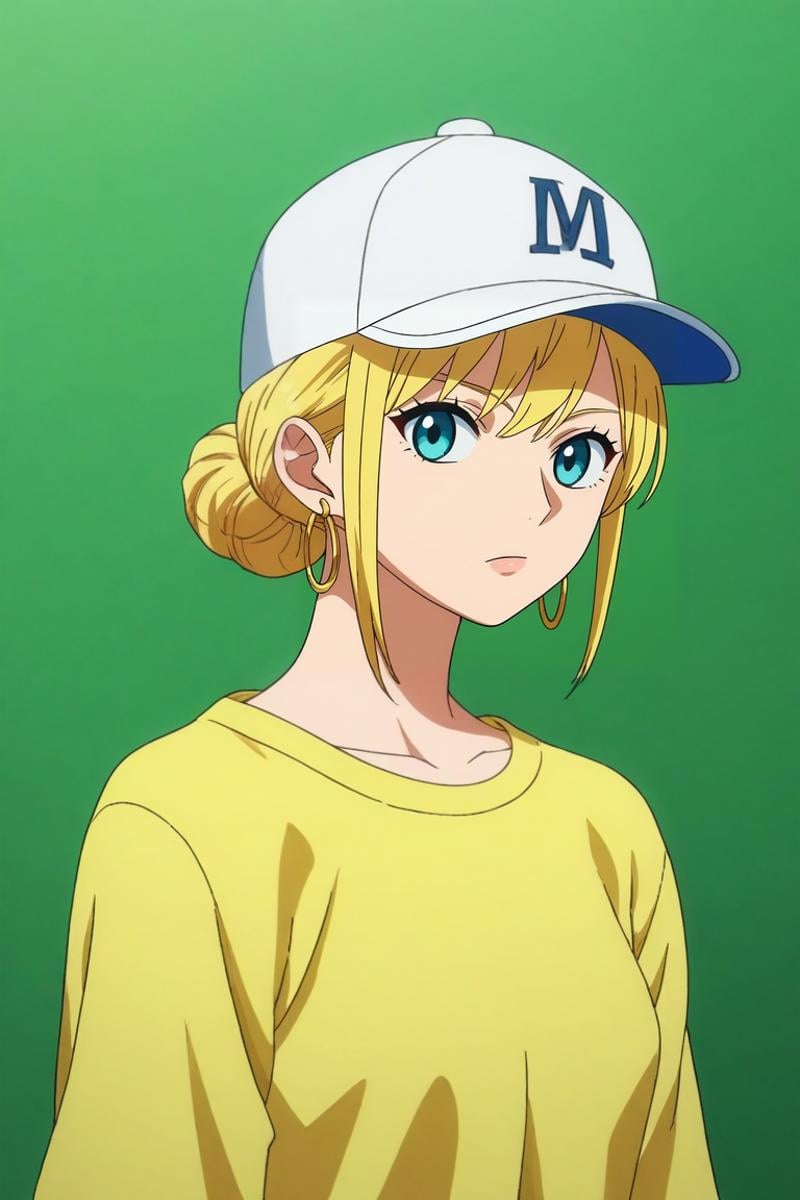 score_9, score_8_up, score_7_up, source_anime, rating_safe, intricate details, anime screencap, , official style, looking at viewer, , 1girl, aqua eyes, baseball cap, blonde hair, closed mouth, earrings, green background, hat, hoop earrings, jewelry, looking at viewer, shirt, short hair, simple background, solo, upper body, yellow shirt, solo, panorama, castle, indoors, light, legs up, relaxed, <lora:one_piece_wano_style_pony:0.68>, one_piece_wano_style, , <lora:sdxl_lightning_8step_lora:1>