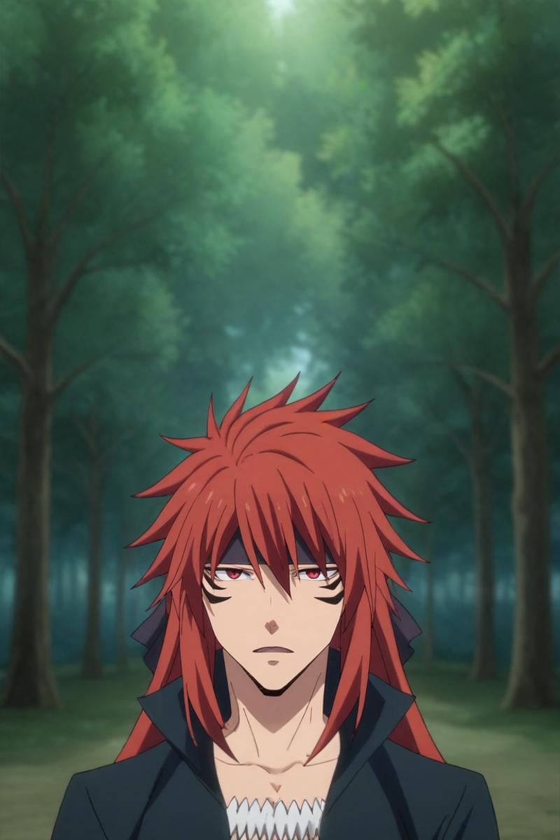 score_9, score_8_up, score_7_up, source_anime, rating_safe, intricate details, anime screencap, anime coloring, , looking at viewer, , 1boy, solo, male focus, <lora:guy_crimson_pony:1>, guy_crimson, red hair, red eyes, long hair, facial mark, profile, forest, dusk, spread arms, open mouth, , <lora:sdxl_lightning_8step_lora:1>