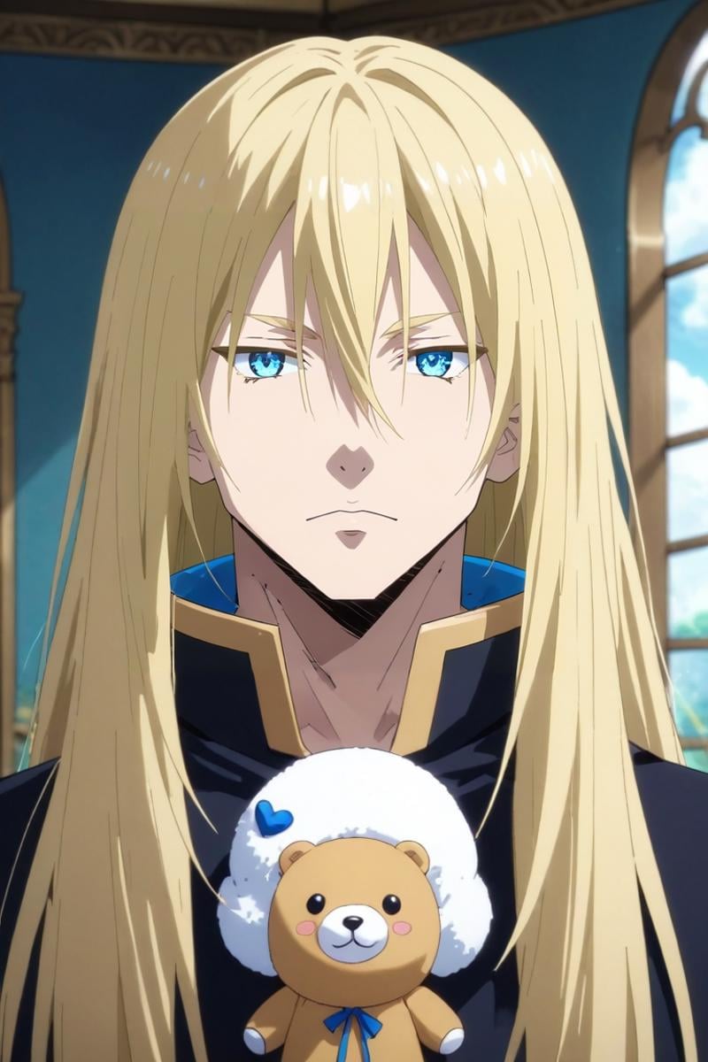 score_9, score_8_up, score_7_up, source_anime, rating_safe, intricate details, (realistic:0.6), , , 1boy, solo, male focus, <lora:leon_cromwell_pony:0.8>, leon_cromwell, blonde hair, blue eyes, long hair, hair between eyes, straight-on, bedroom, (plush), day, sunny, (dynamic pose:1.2), heart eyes, , <lora:sdxl_lightning_8step_lora:1>