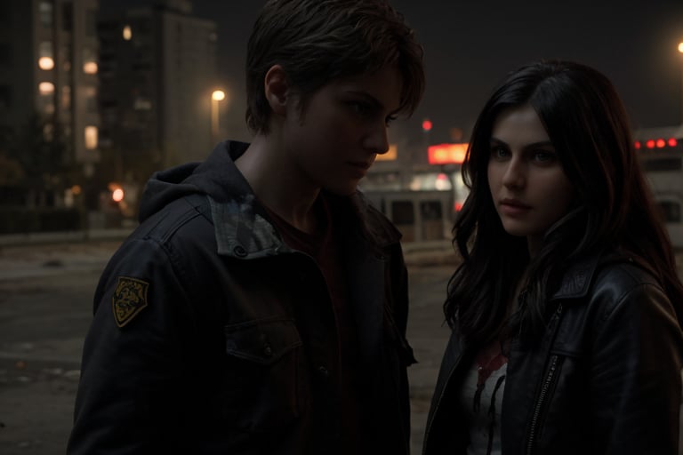 Fully realistic and detailed image of 4lex4ndr4, acting in a scene from Burying the Ex. She is talking to a zombie in an urban setting. The image should look like a movie still, with extremely clear lighting, vibrant colors, and sharp details.
